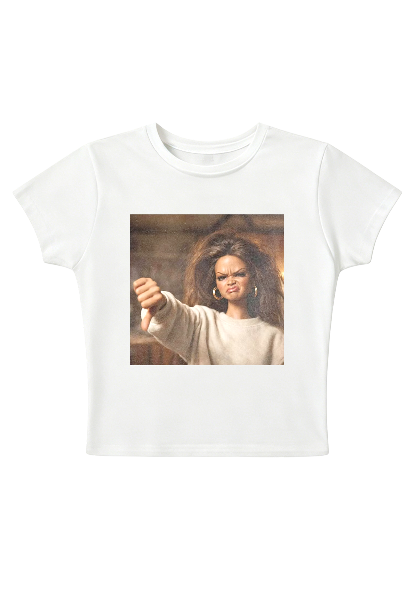 Rihanna Doll Thumbs Down Meme Y2K Baby Tee