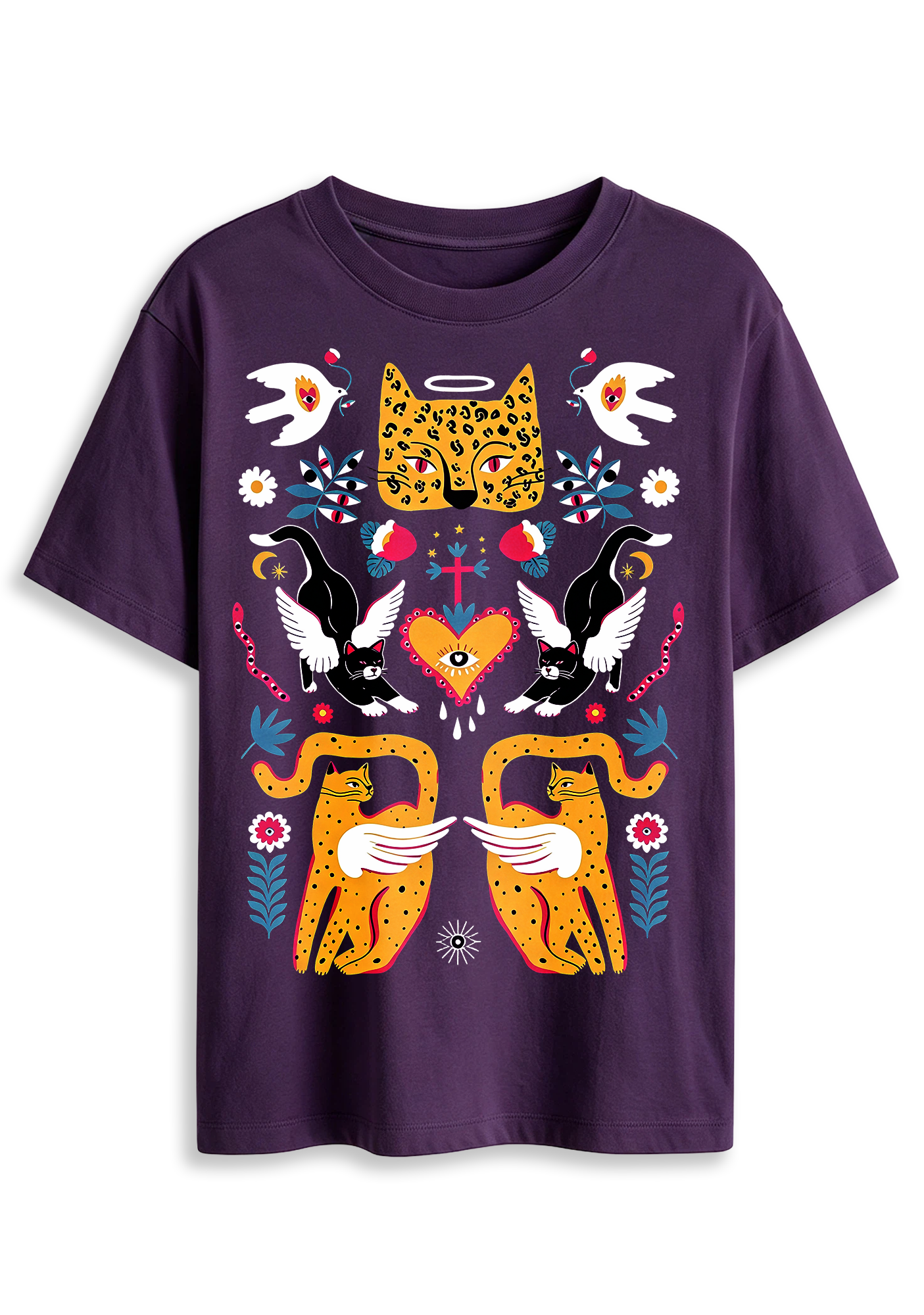 Folk Art Angel Leopard Cat Sacred Heart Mystical Graphic T-Shirt