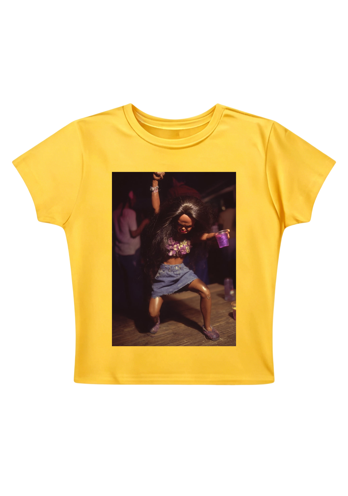 Party Barbie Doll Dancing With Purple Cup Y2K Baby Tee