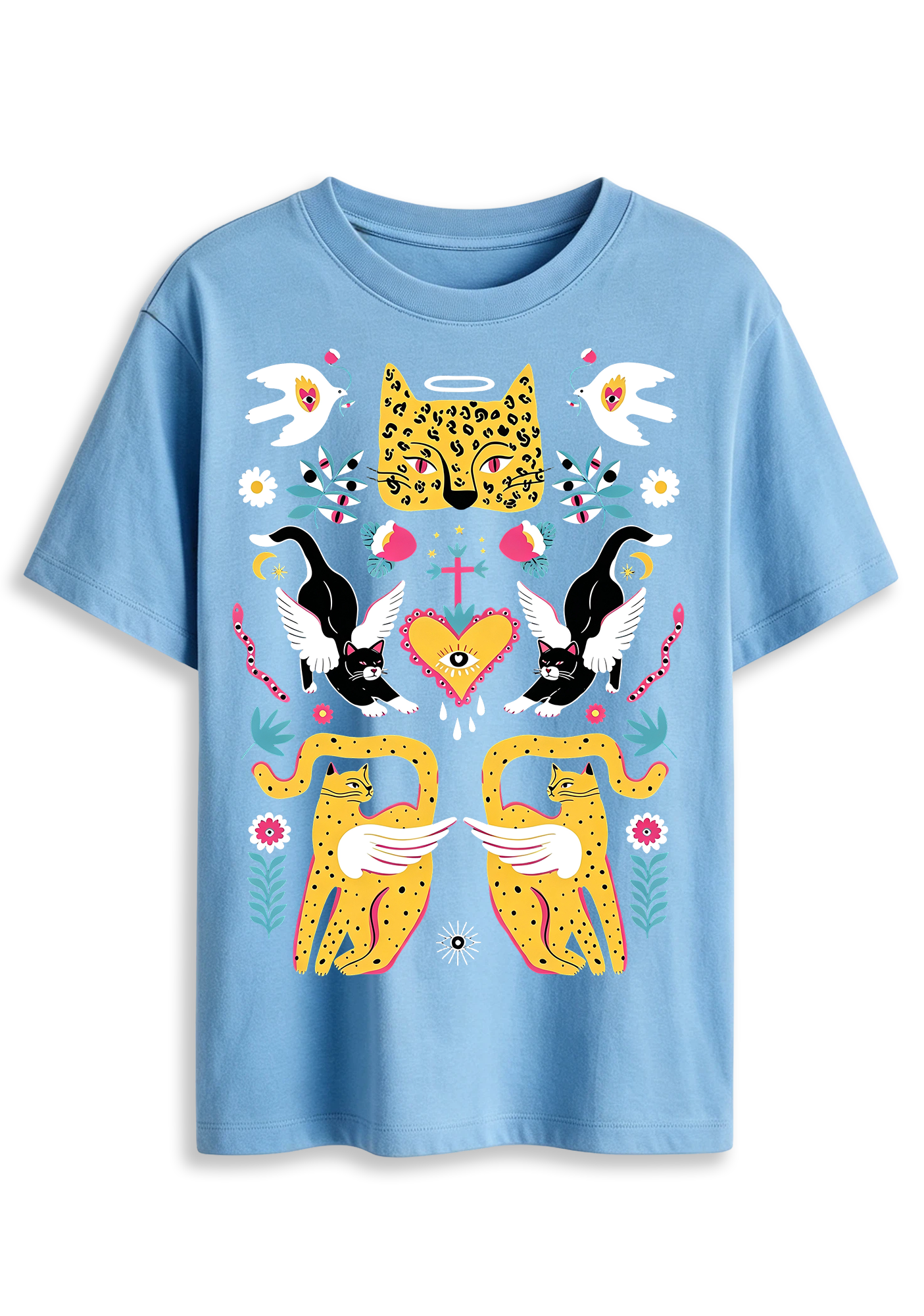 Folk Art Angel Leopard Cat Sacred Heart Mystical Graphic T-Shirt