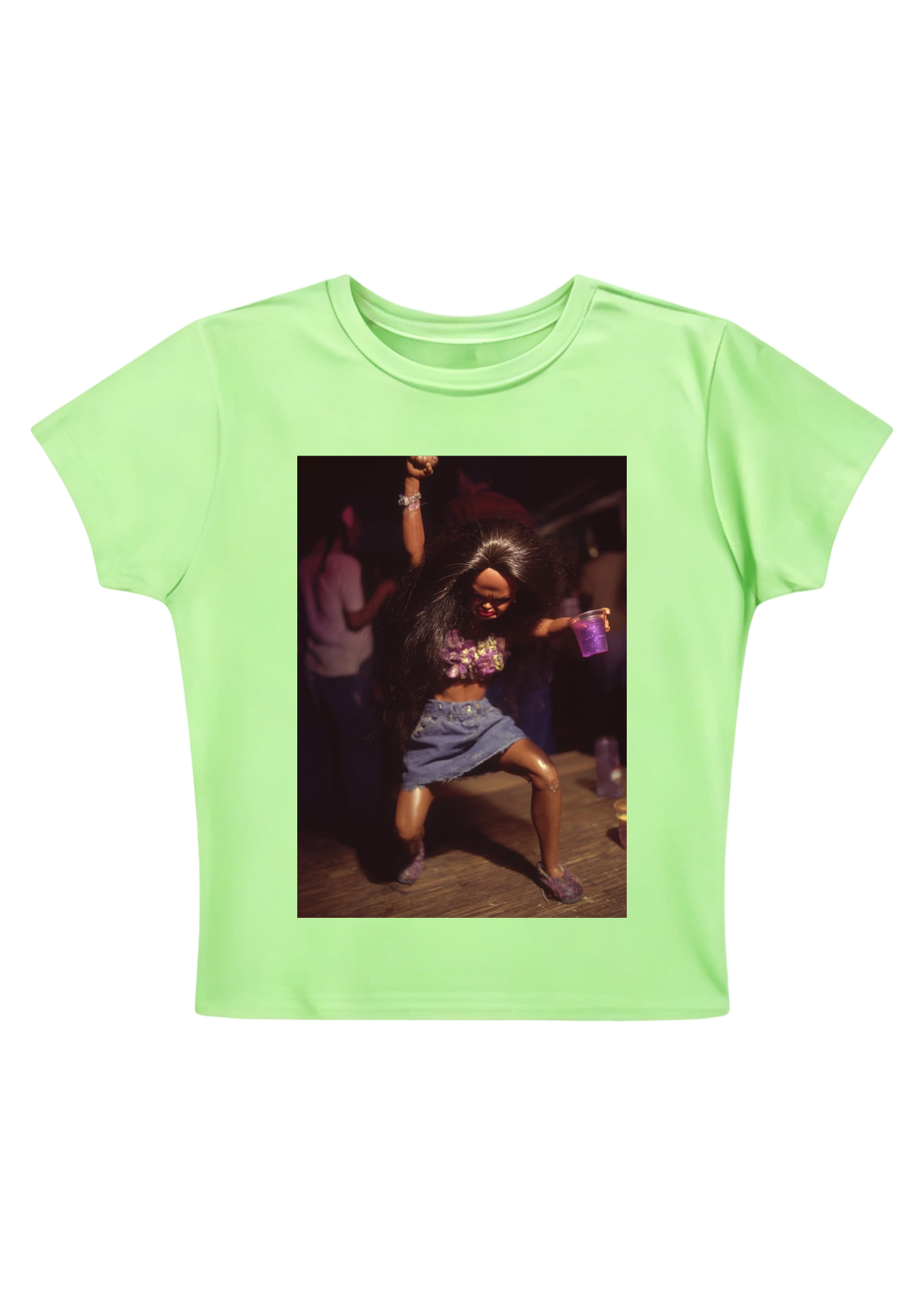 Party Barbie Doll Dancing With Purple Cup Y2K Baby Tee