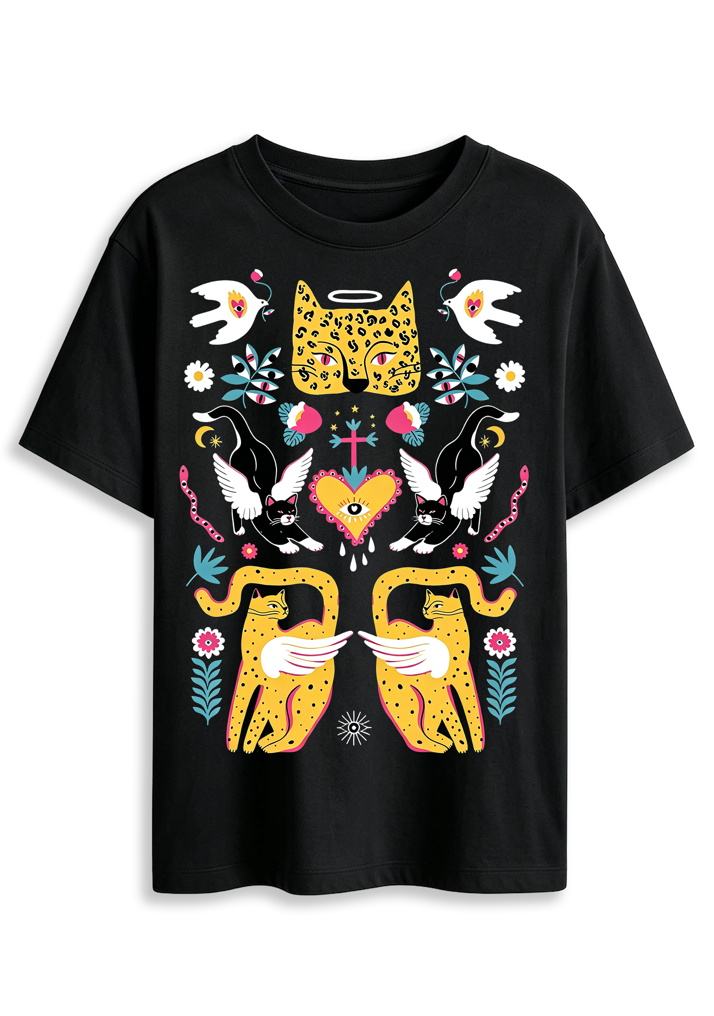 Folk Art Angel Leopard Cat Sacred Heart Mystical Graphic T-Shirt