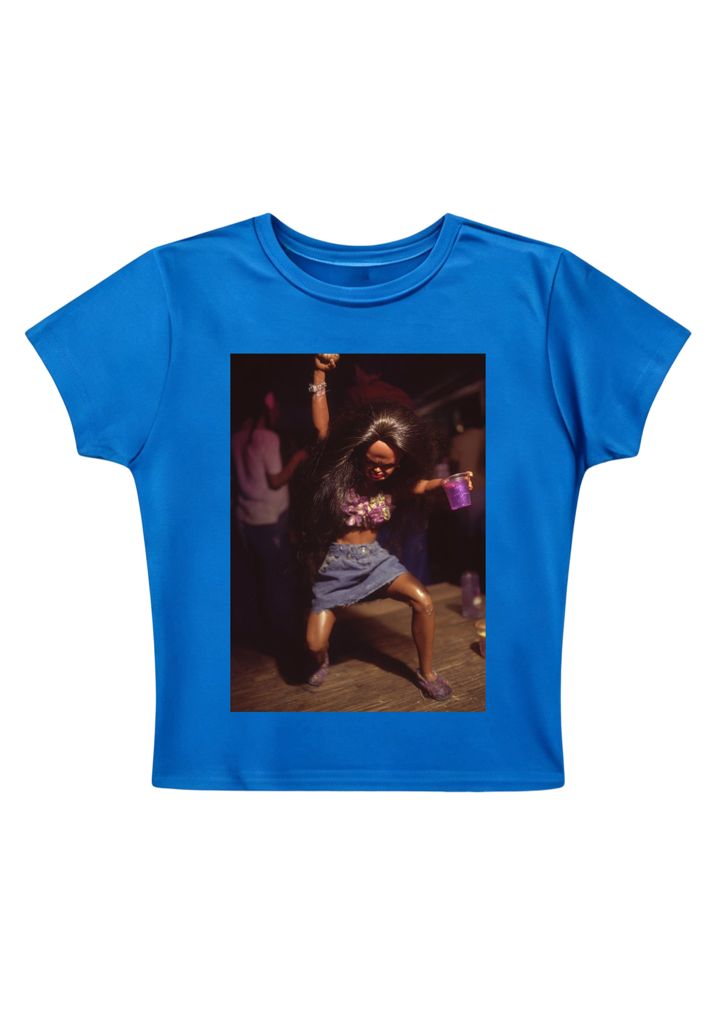 Party Barbie Doll Dancing With Purple Cup Y2K Baby Tee