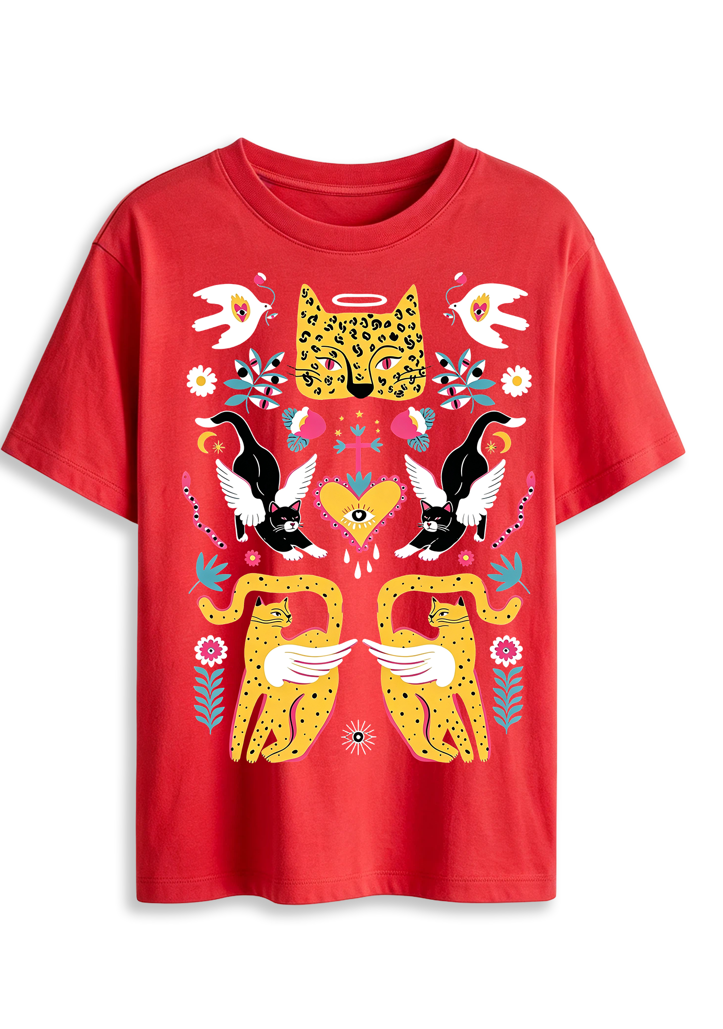 Folk Art Angel Leopard Cat Sacred Heart Mystical Graphic T-Shirt