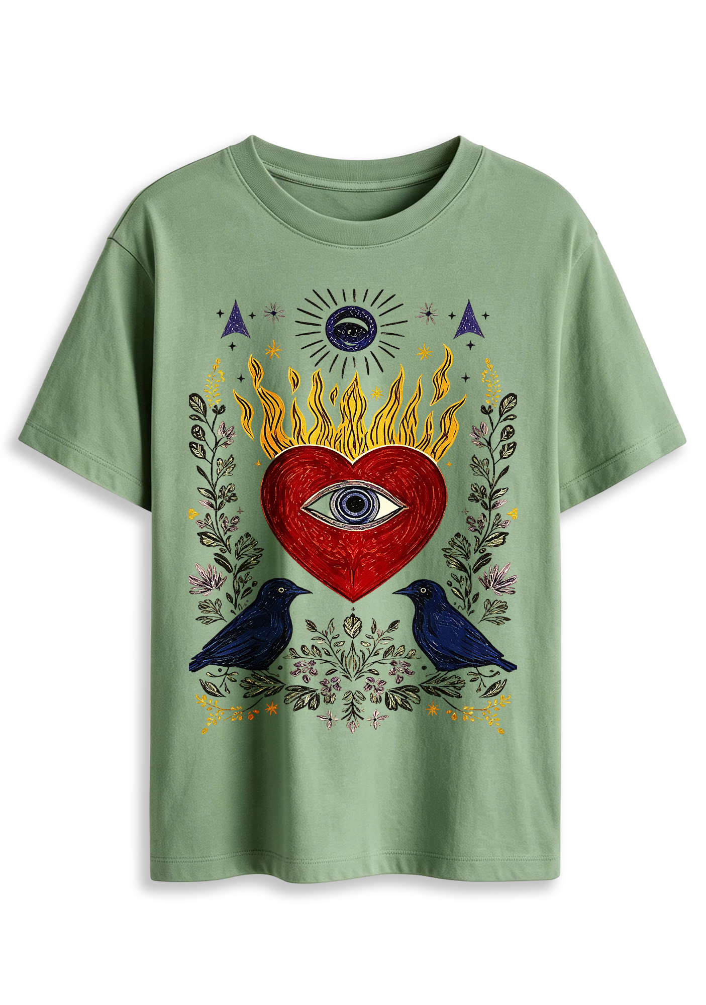 Mystical Sacred Heart With Eye Crow Graphic T-Shirt