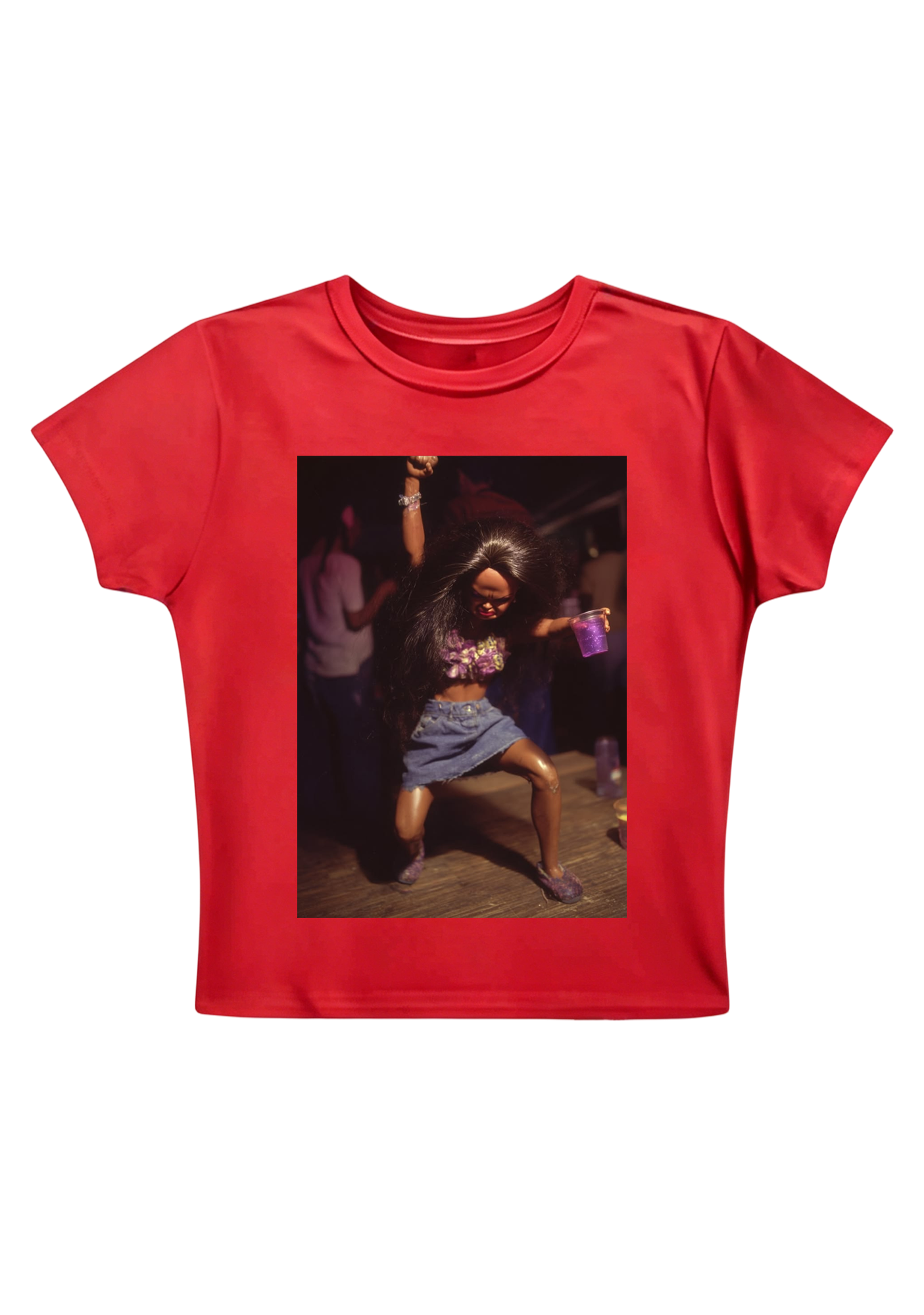 Party Barbie Doll Dancing With Purple Cup Y2K Baby Tee