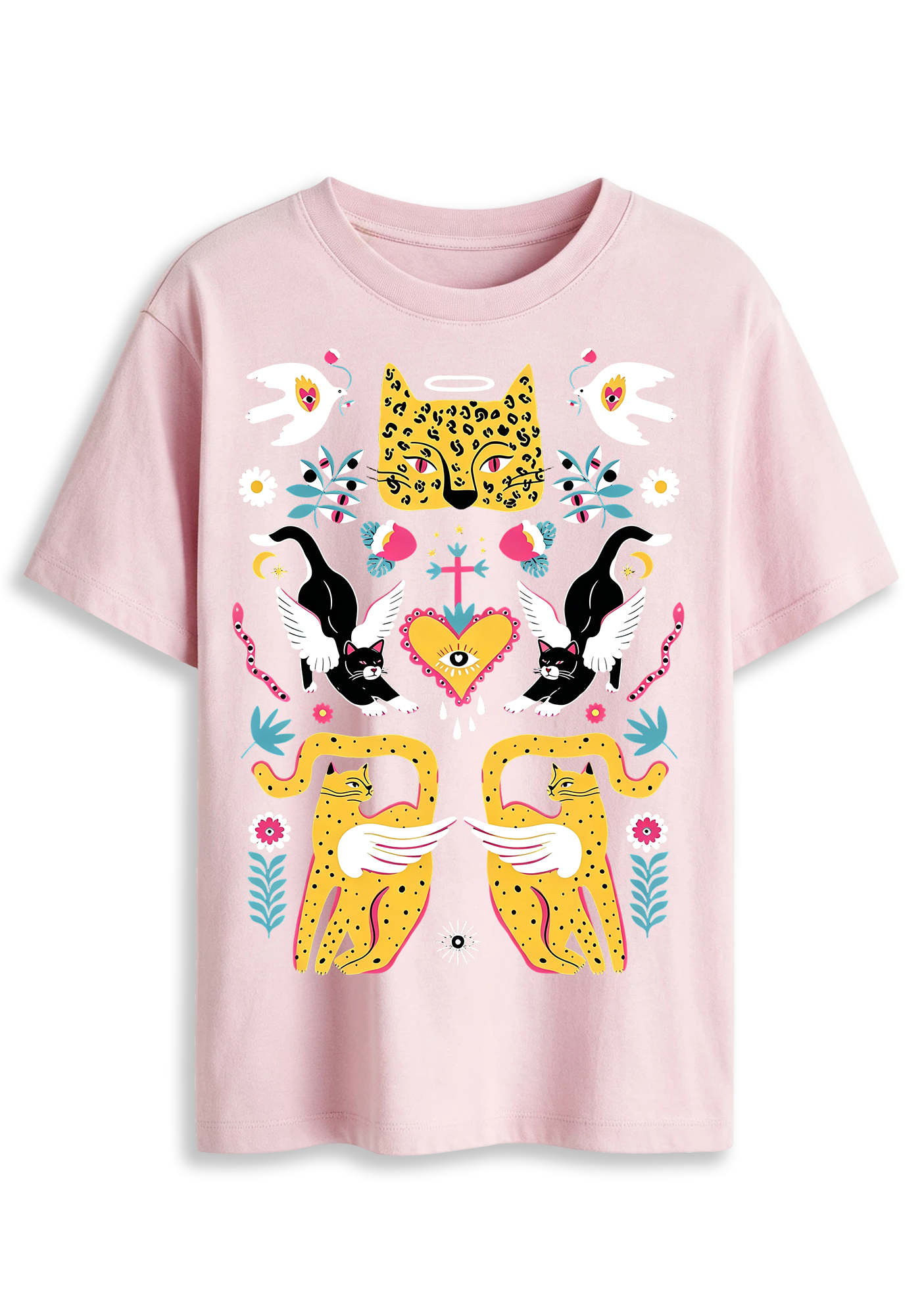 Folk Art Angel Leopard Cat Sacred Heart Mystical Graphic T-Shirt