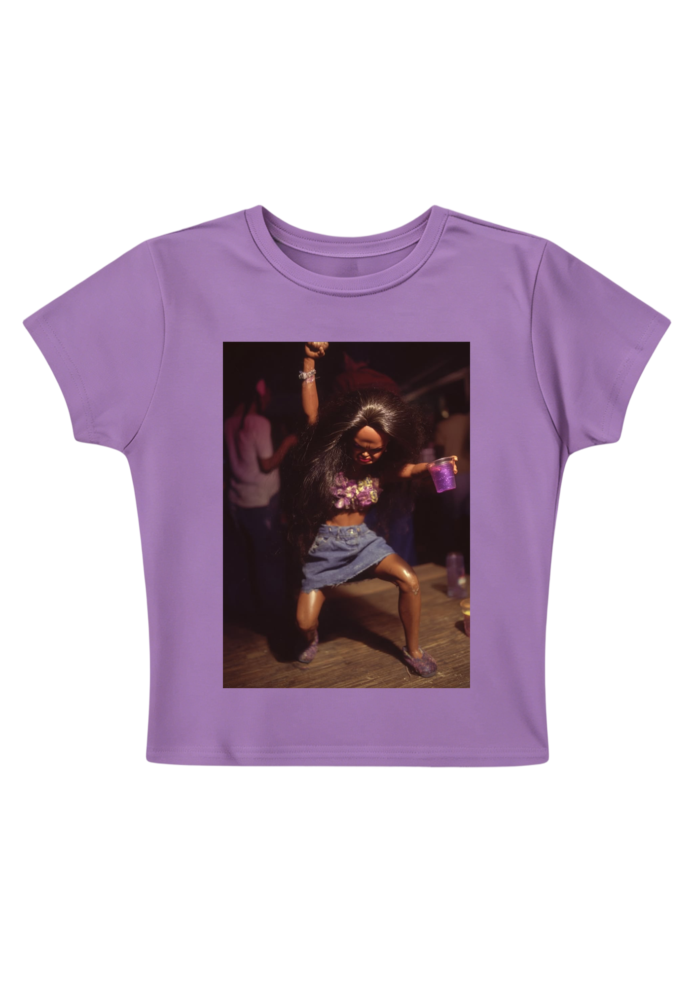 Party Barbie Doll Dancing With Purple Cup Y2K Baby Tee