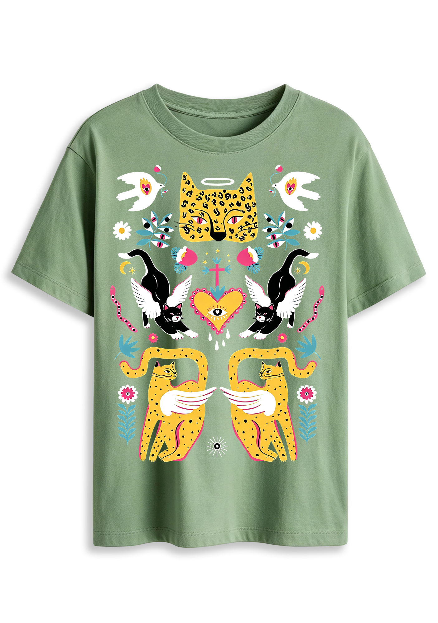 Folk Art Angel Leopard Cat Sacred Heart Mystical Graphic T-Shirt
