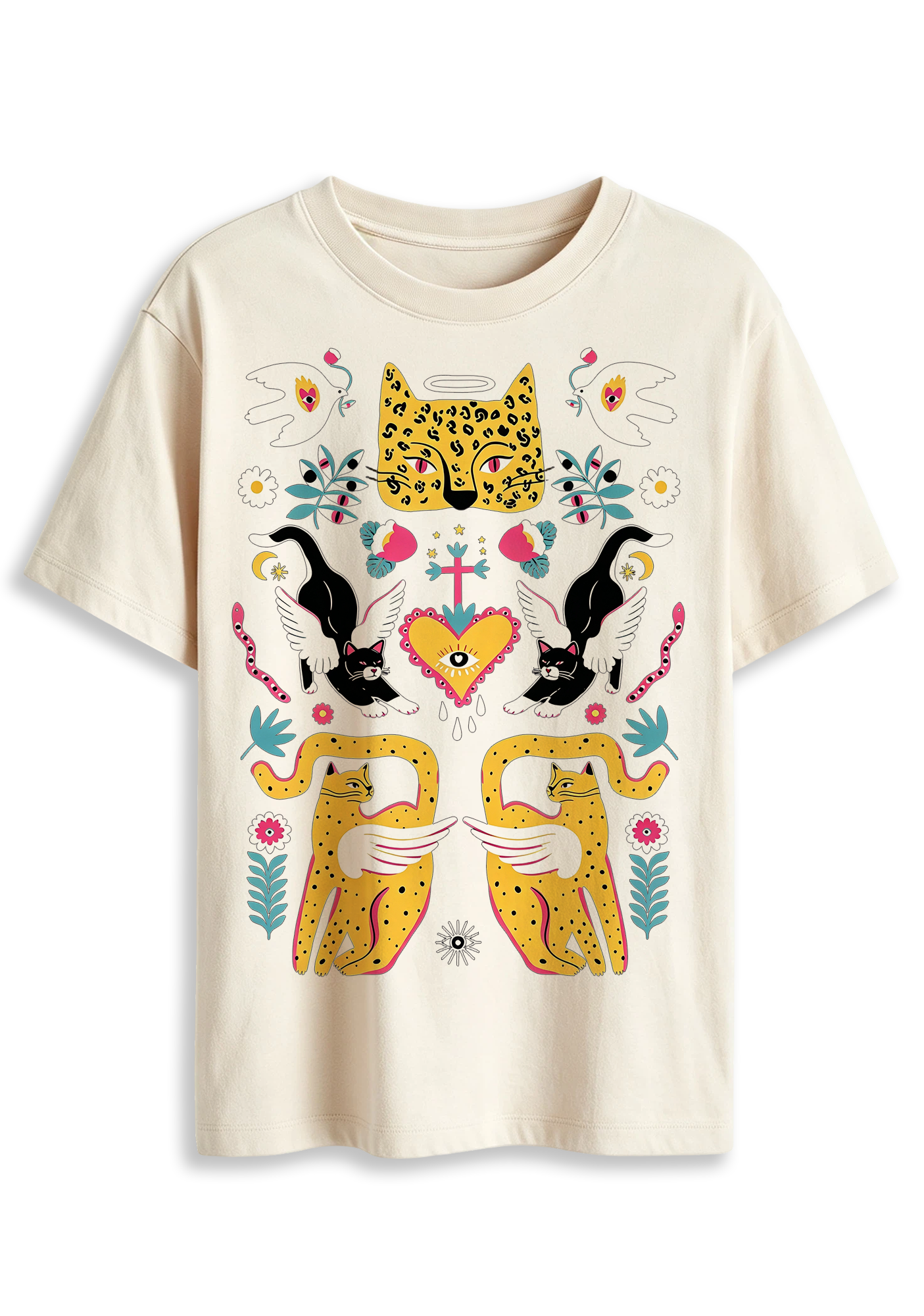 Folk Art Angel Leopard Cat Sacred Heart Mystical Graphic T-Shirt