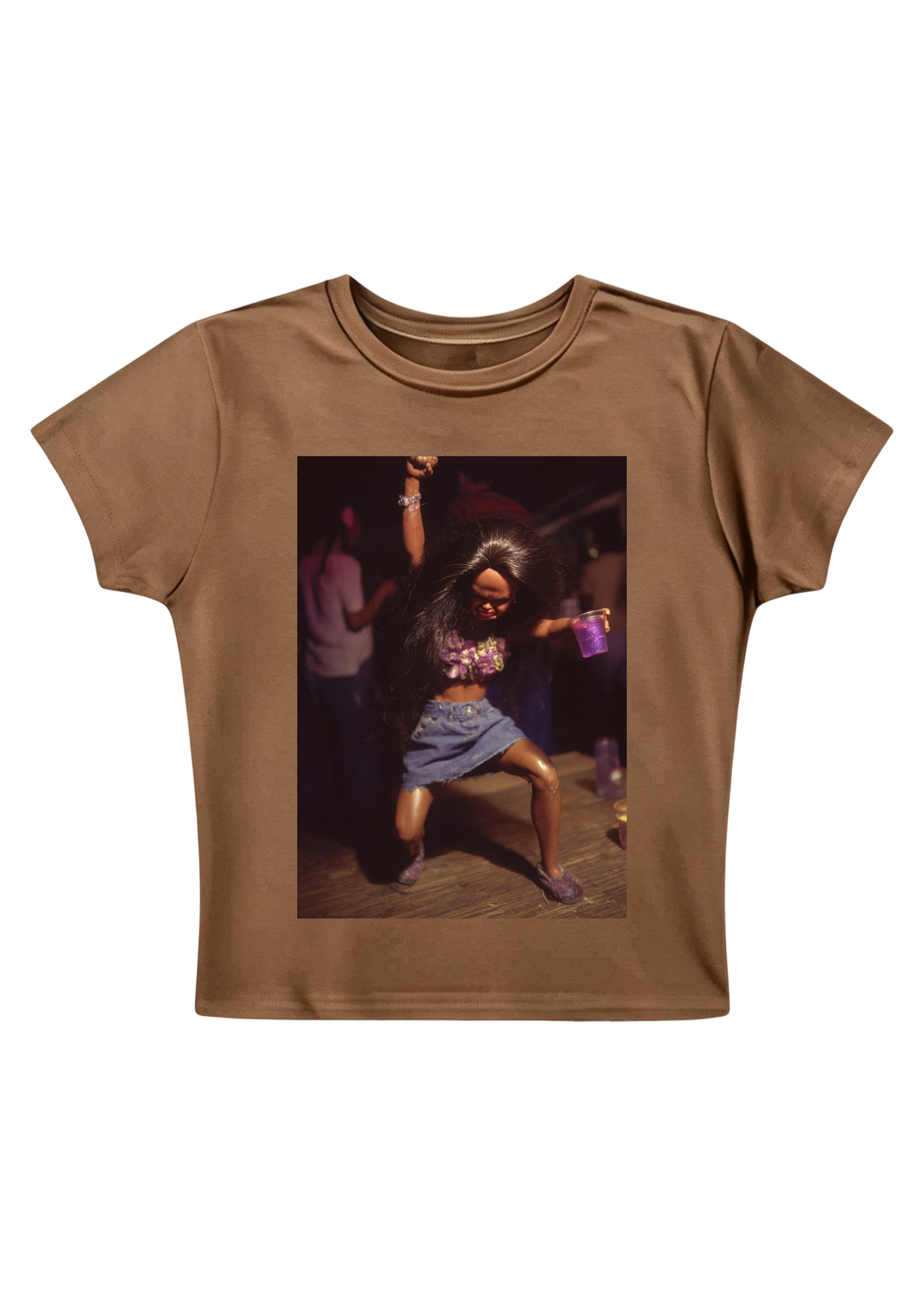 Party Barbie Doll Dancing With Purple Cup Y2K Baby Tee