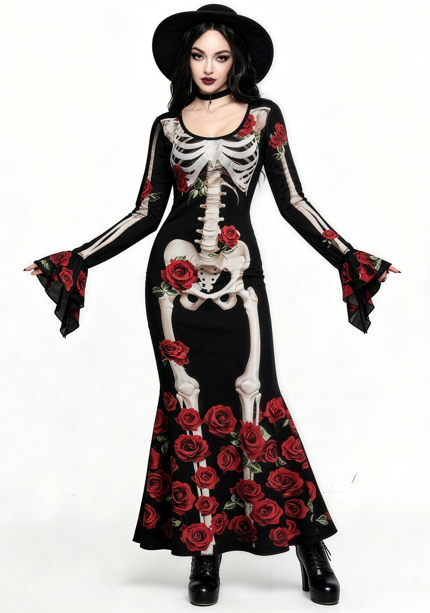 Gothic Skeleton & Red Rose Mermaid Maxi Dress