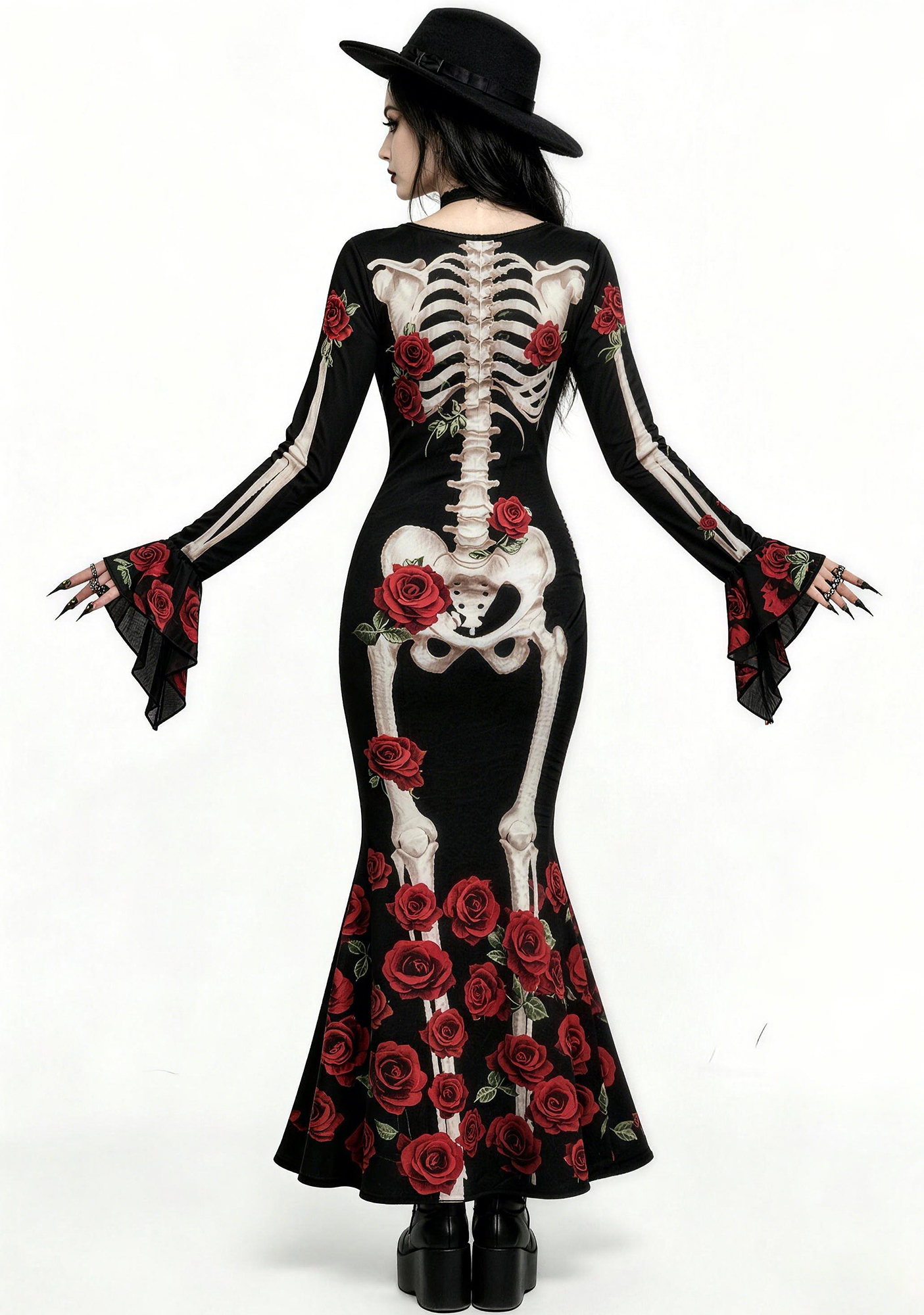Gothic Skeleton & Red Rose Mermaid Maxi Dress