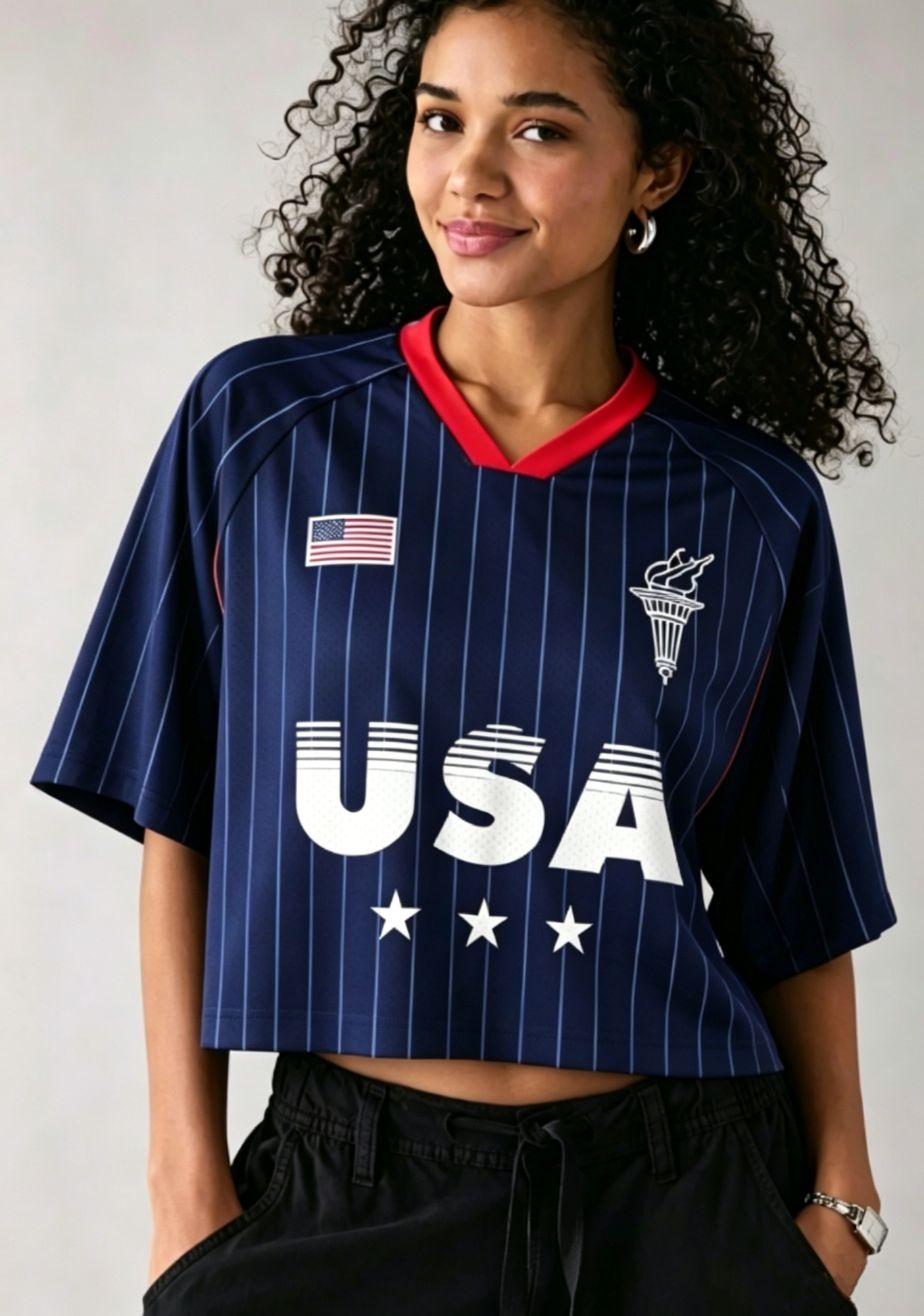  Navy Blue Vertical Stripe USA Cropped Mesh Jersey Shirt