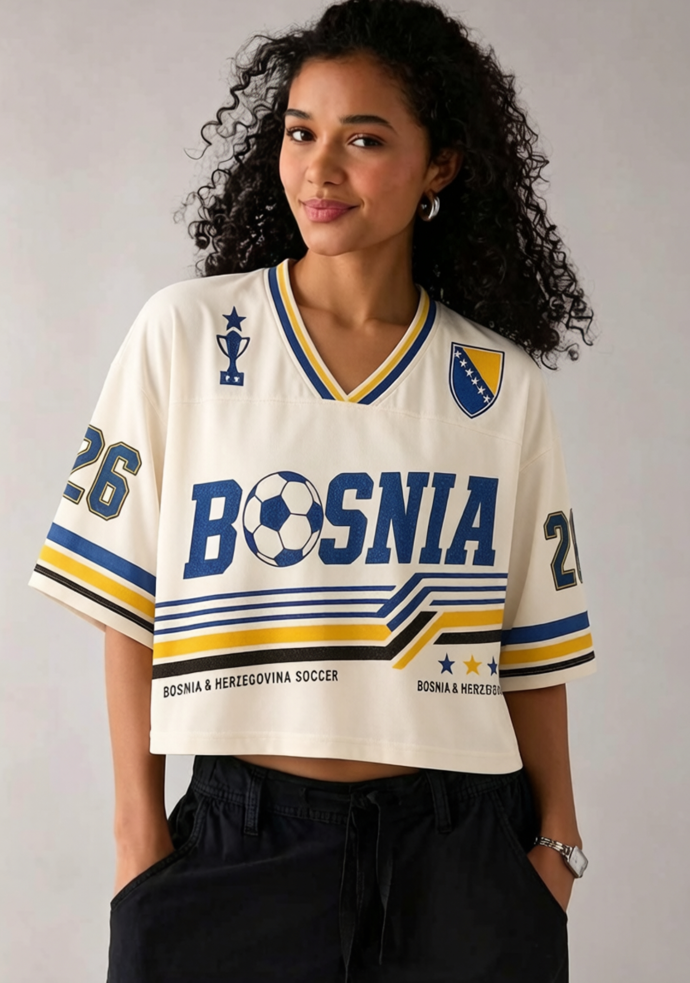 Retro Bosnia Striped V-Neck Cropped Mesh Jersey Shirt