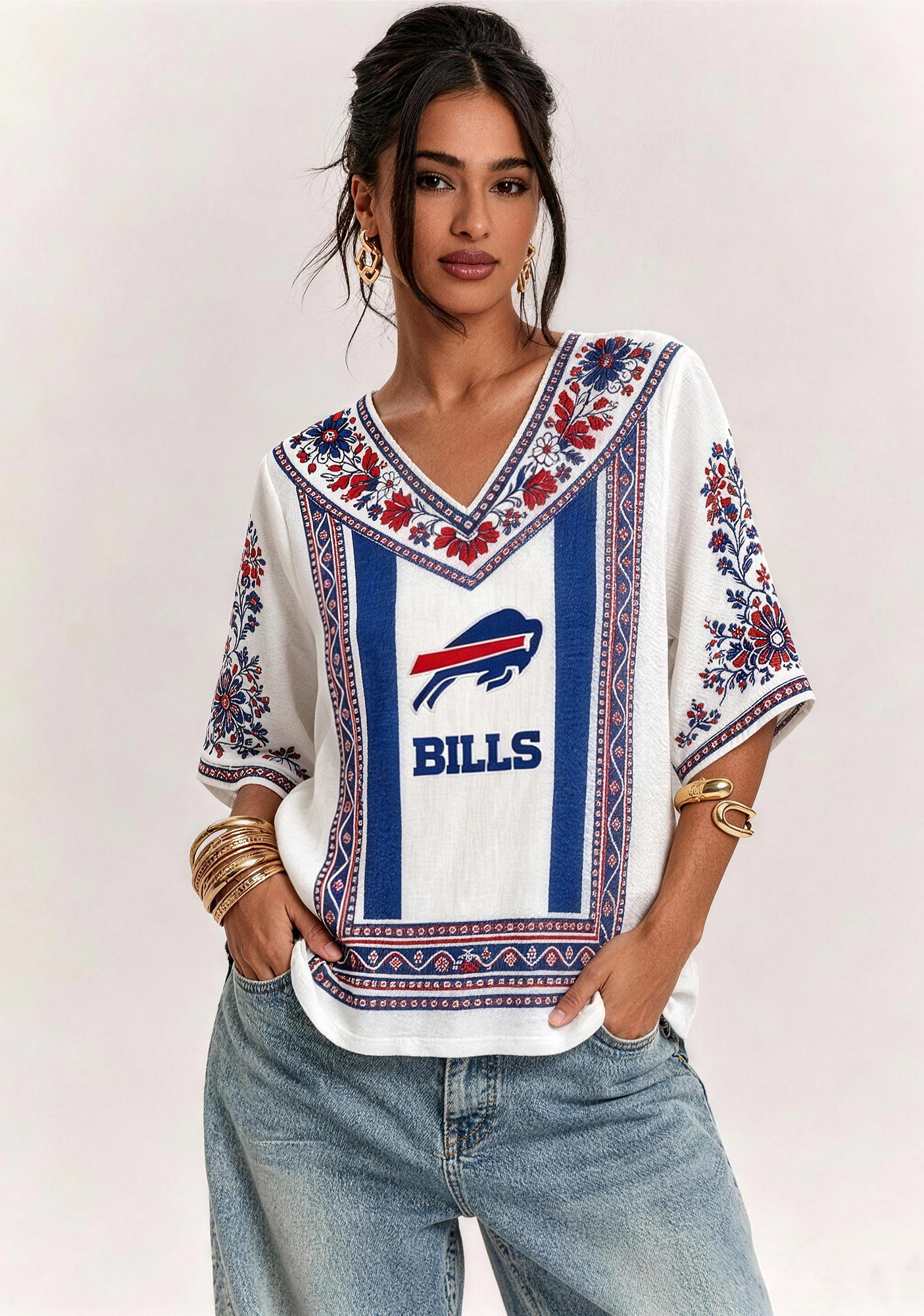 Boho Floral Buffalo Bills V-Neck Blouse