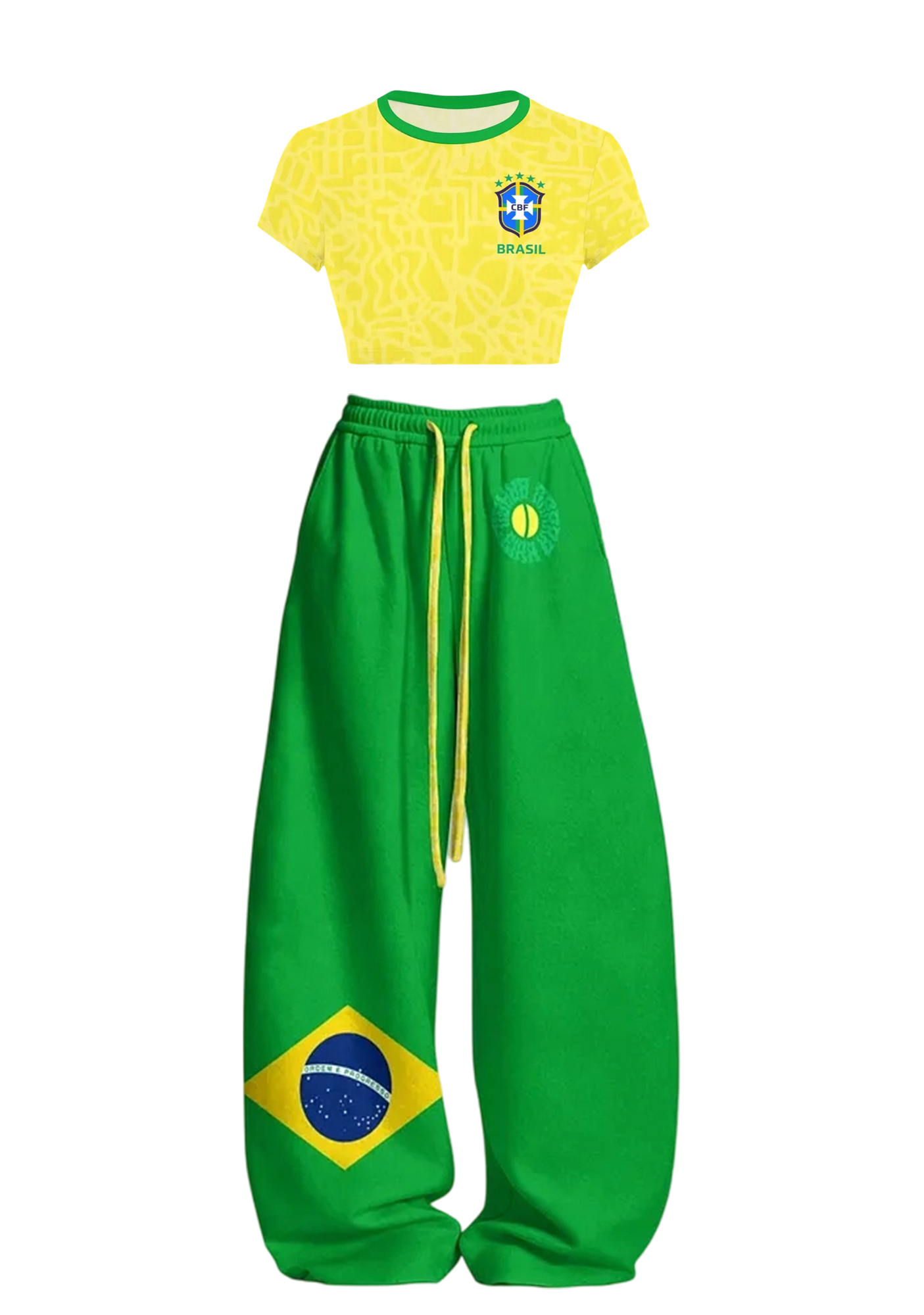 Brazil CBF Flag Graphic Fan Tops & Elasticated Trousers Two-Piece Set