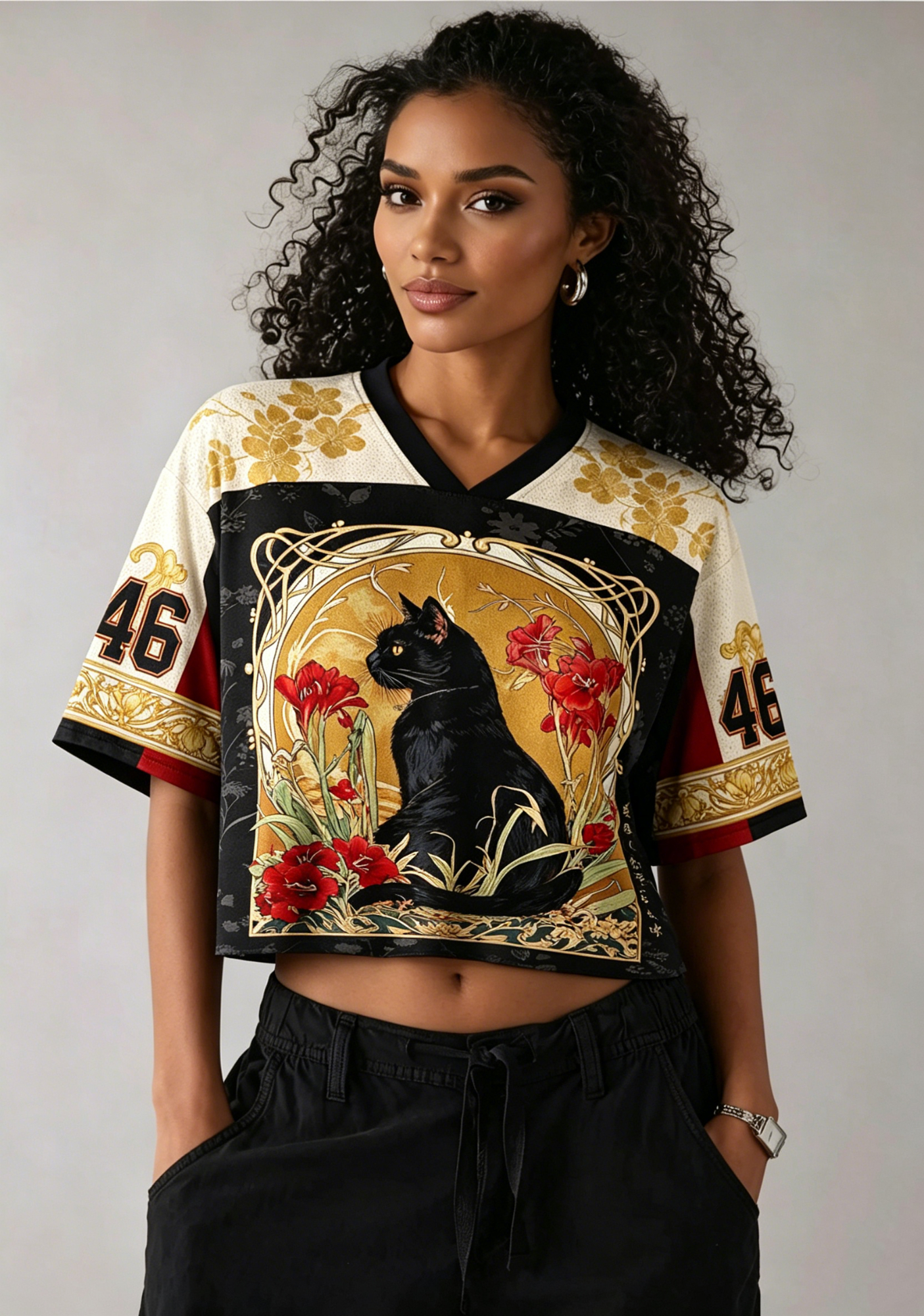 Vintage Art Nouveau Black Cat Floral Print Cropped Jersey Shirt