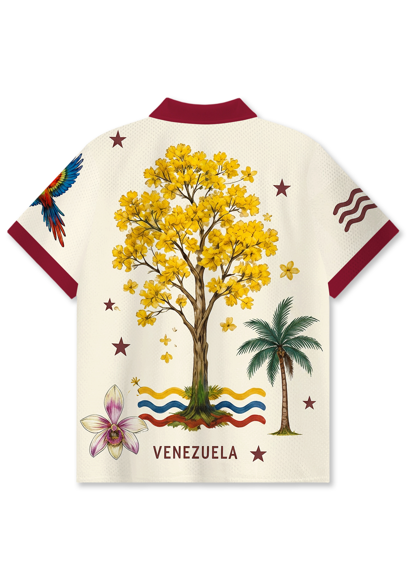 Tropical Venezuela Parrot Stamp Travel Collared Mesh Jersey Shirt