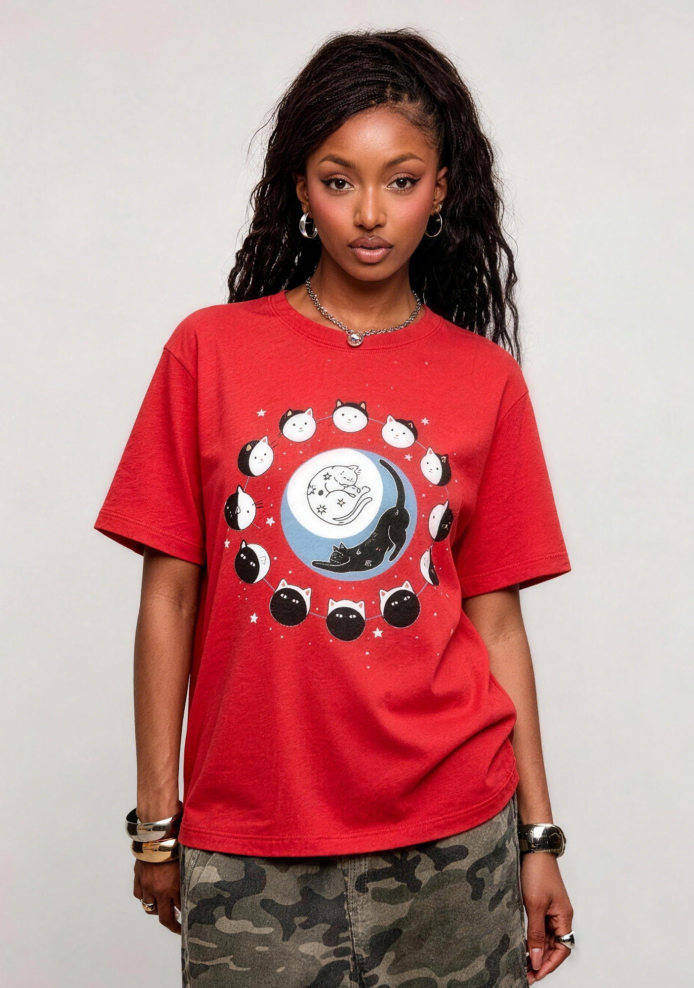 Cute Cat Moon Phase Starry Sky Kitten Graphic T-Shirt