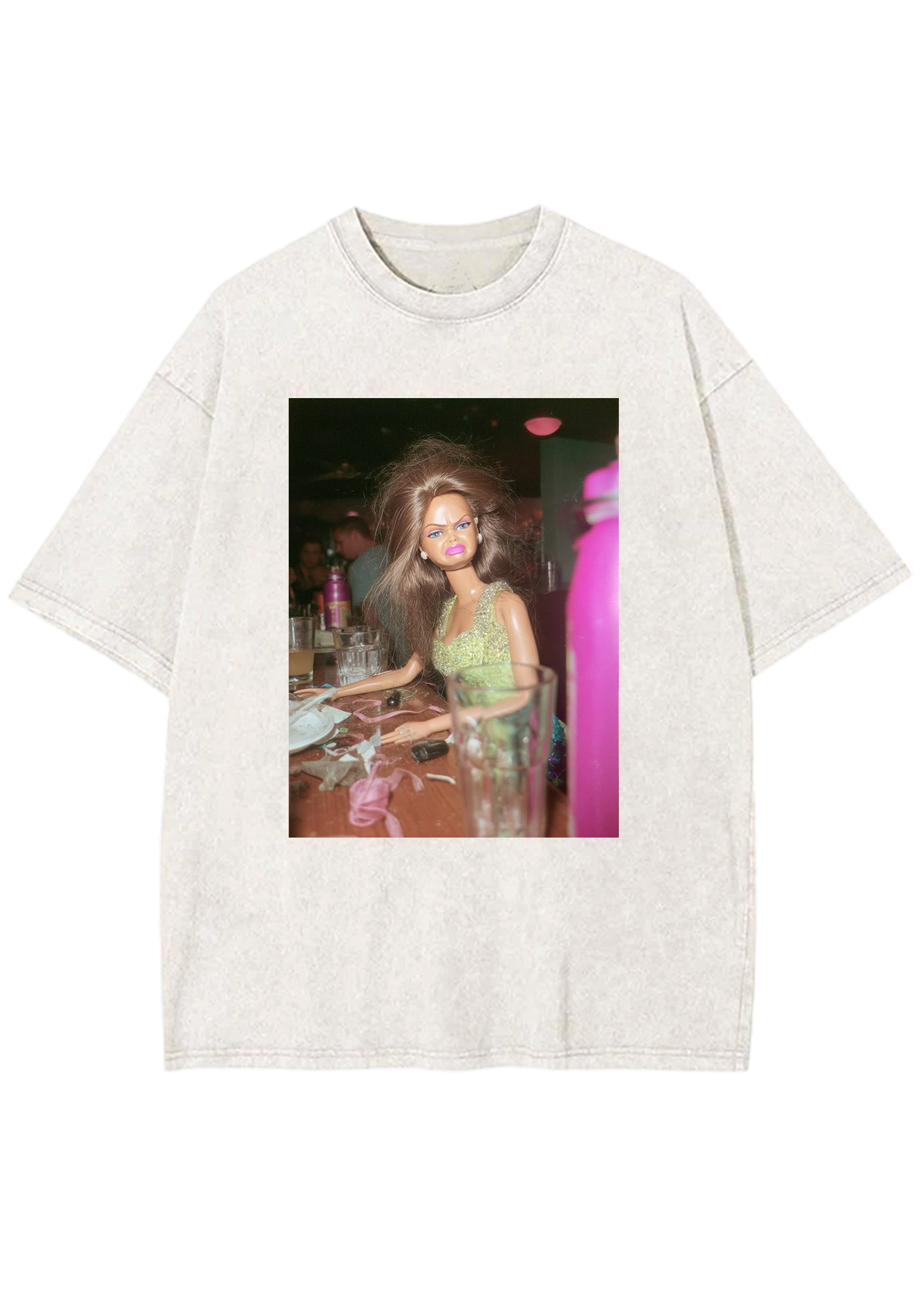 Post-Party Messy Hair Barbie At The Bar Y2K Washed Tee
