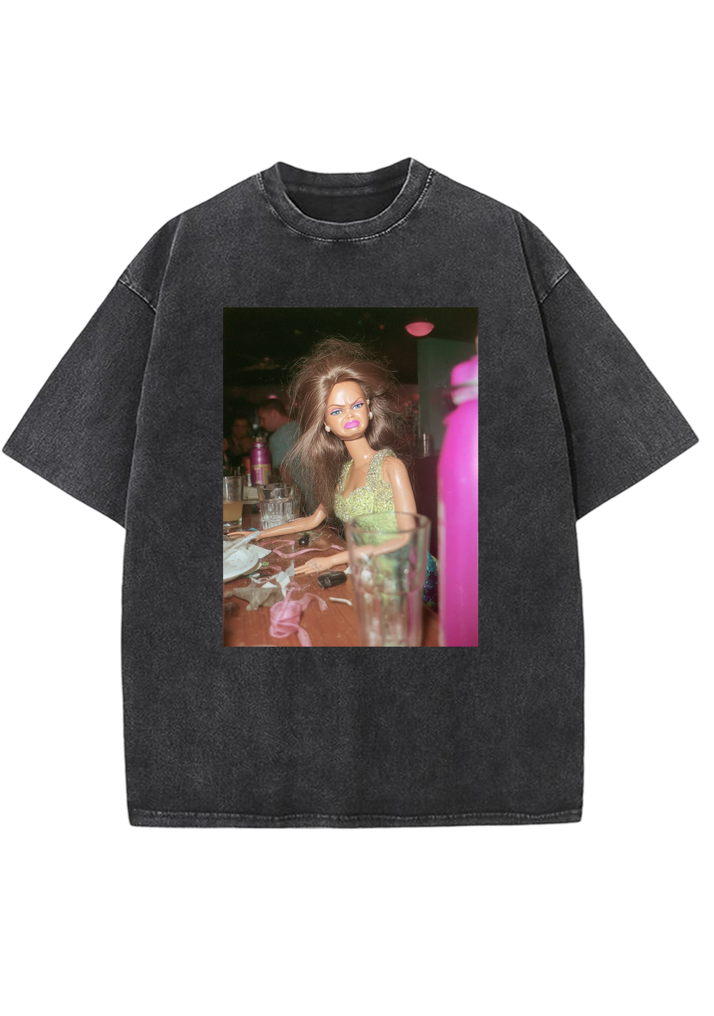 Post-Party Messy Hair Barbie At The Bar Y2K Washed Tee