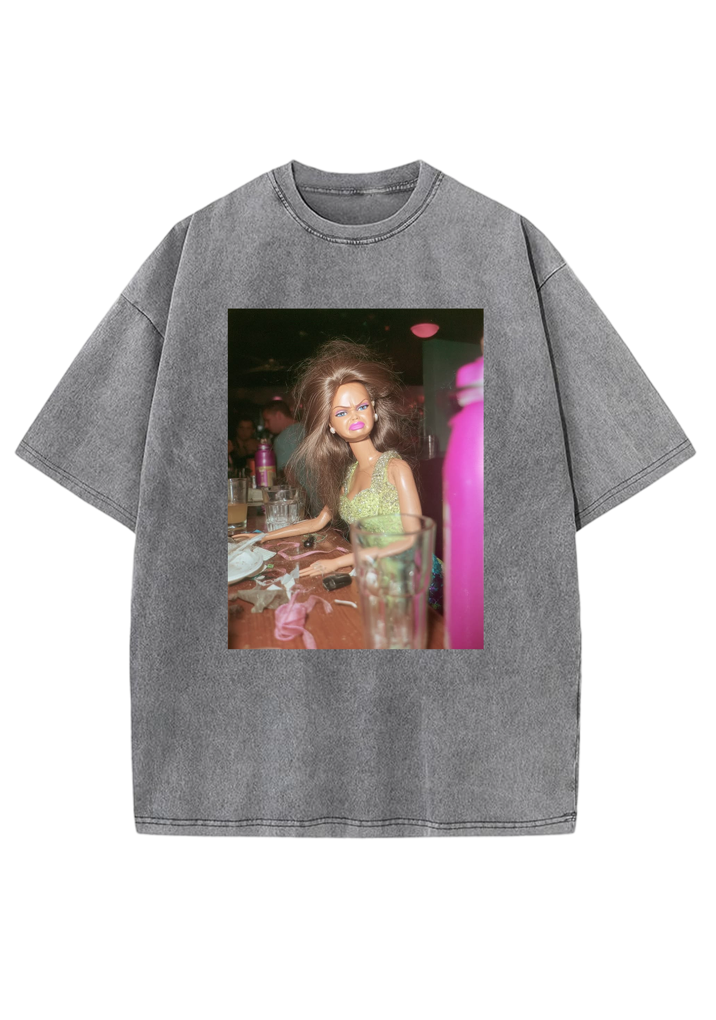 Post-Party Messy Hair Barbie At The Bar Y2K Washed Tee