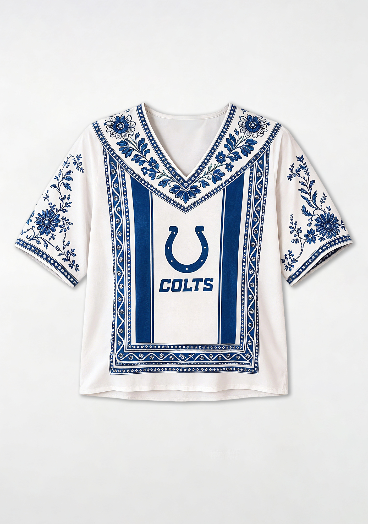 Boho Navy Floral Indianapolis Colts V-Neck Blouse