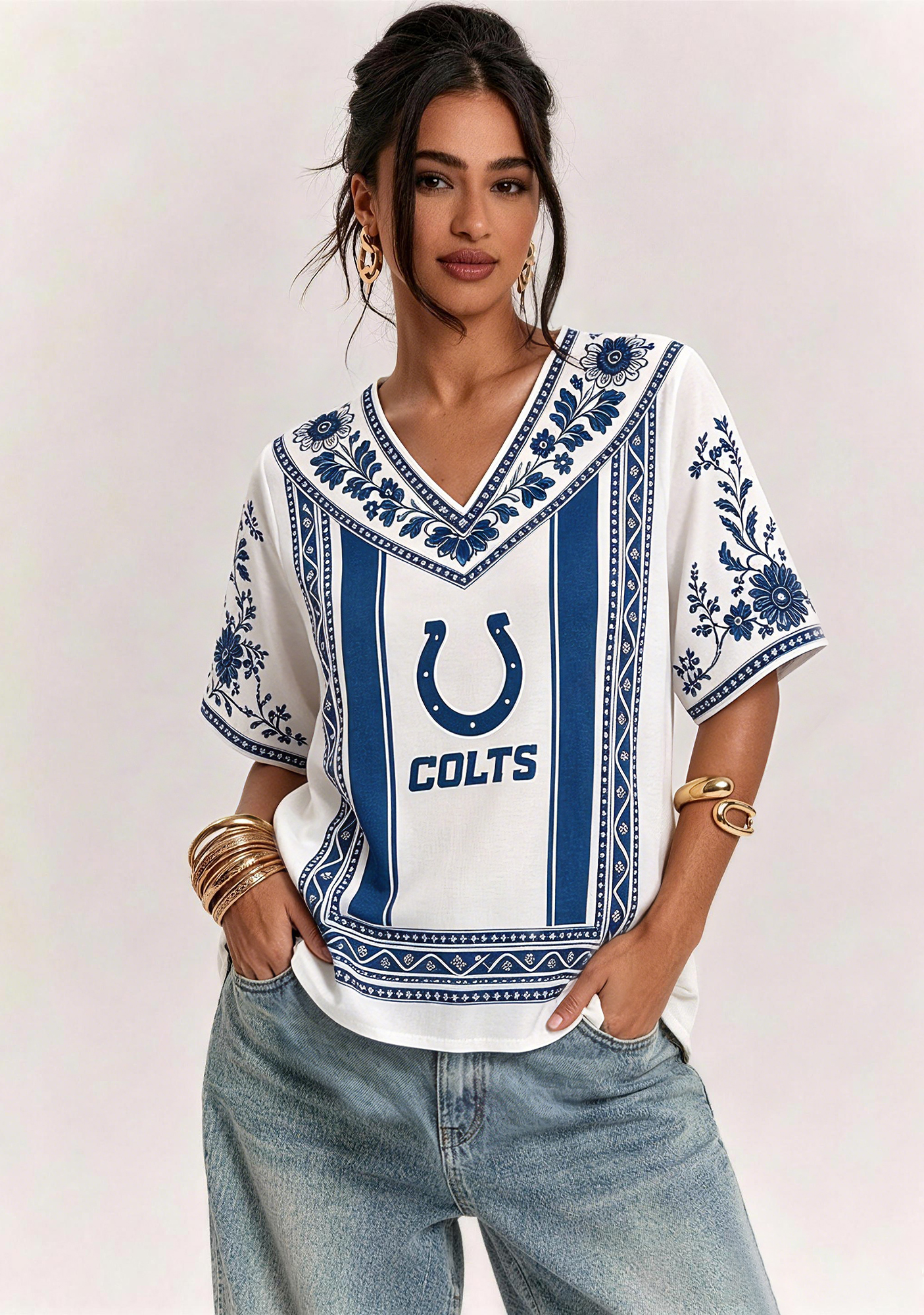 Boho Navy Floral Indianapolis Colts V-Neck Blouse