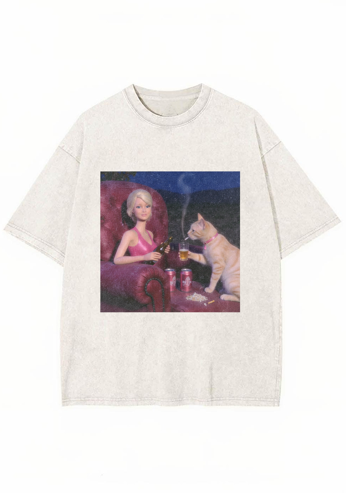 Bad Barbie and Her Cat Drinking Beer Washed T-Shirt