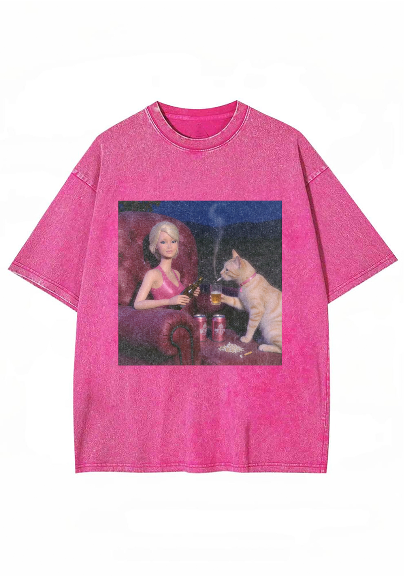Bad Barbie and Her Cat Drinking Beer Washed T-Shirt
