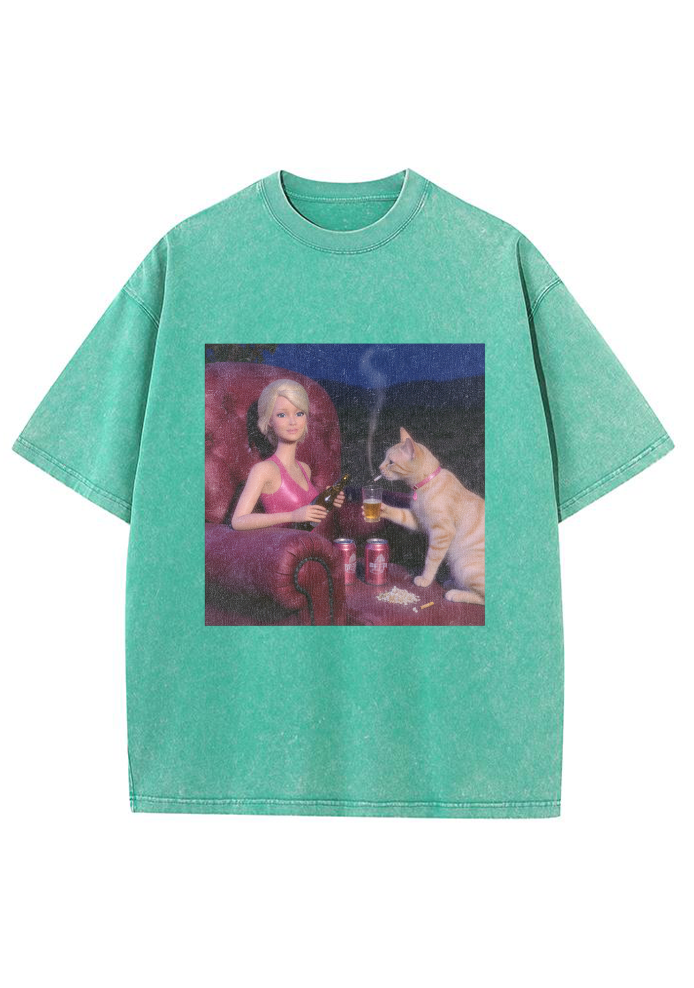 Bad Barbie and Her Cat Drinking Beer Washed T-Shirt