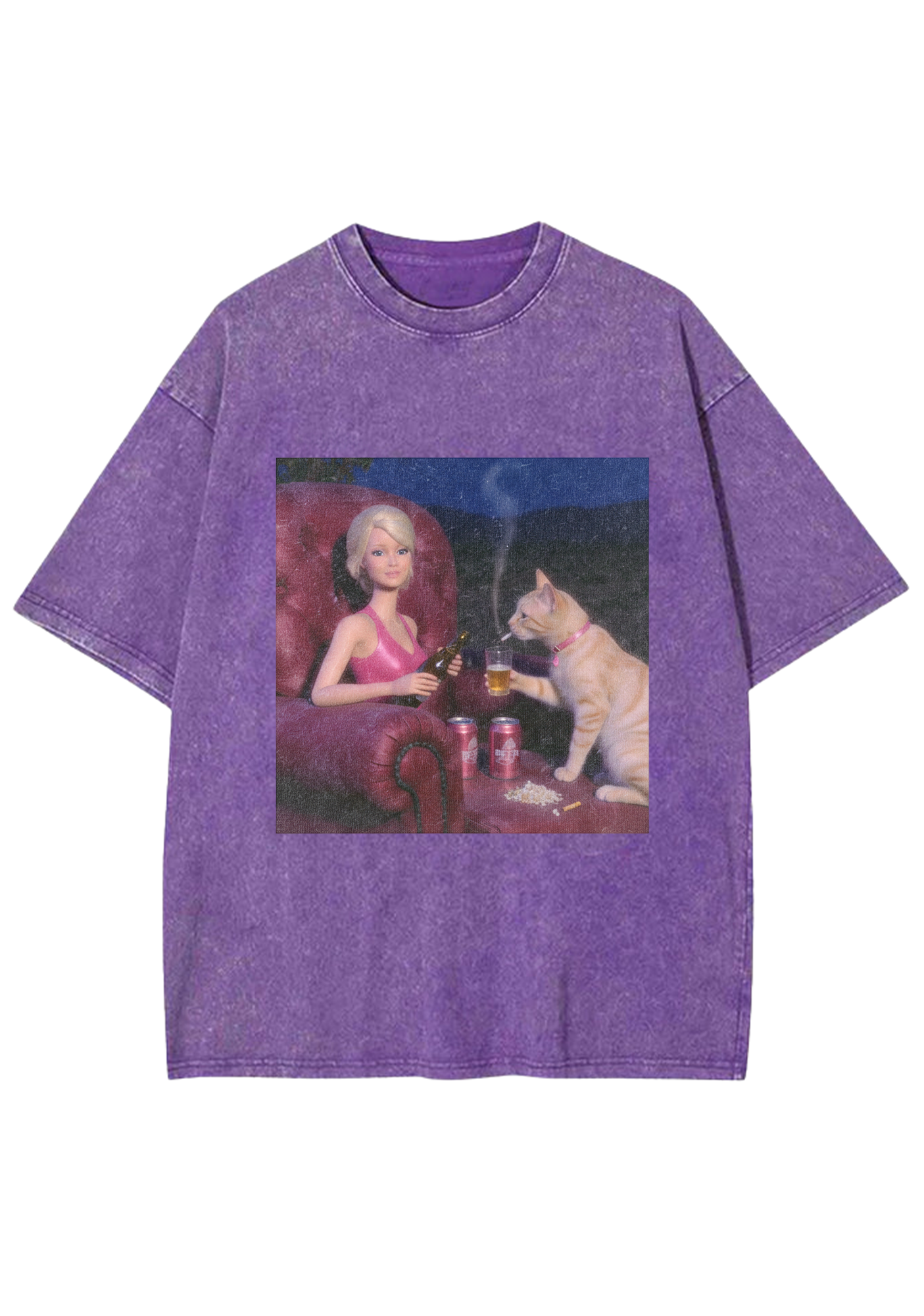 Bad Barbie and Her Cat Drinking Beer Washed T-Shirt