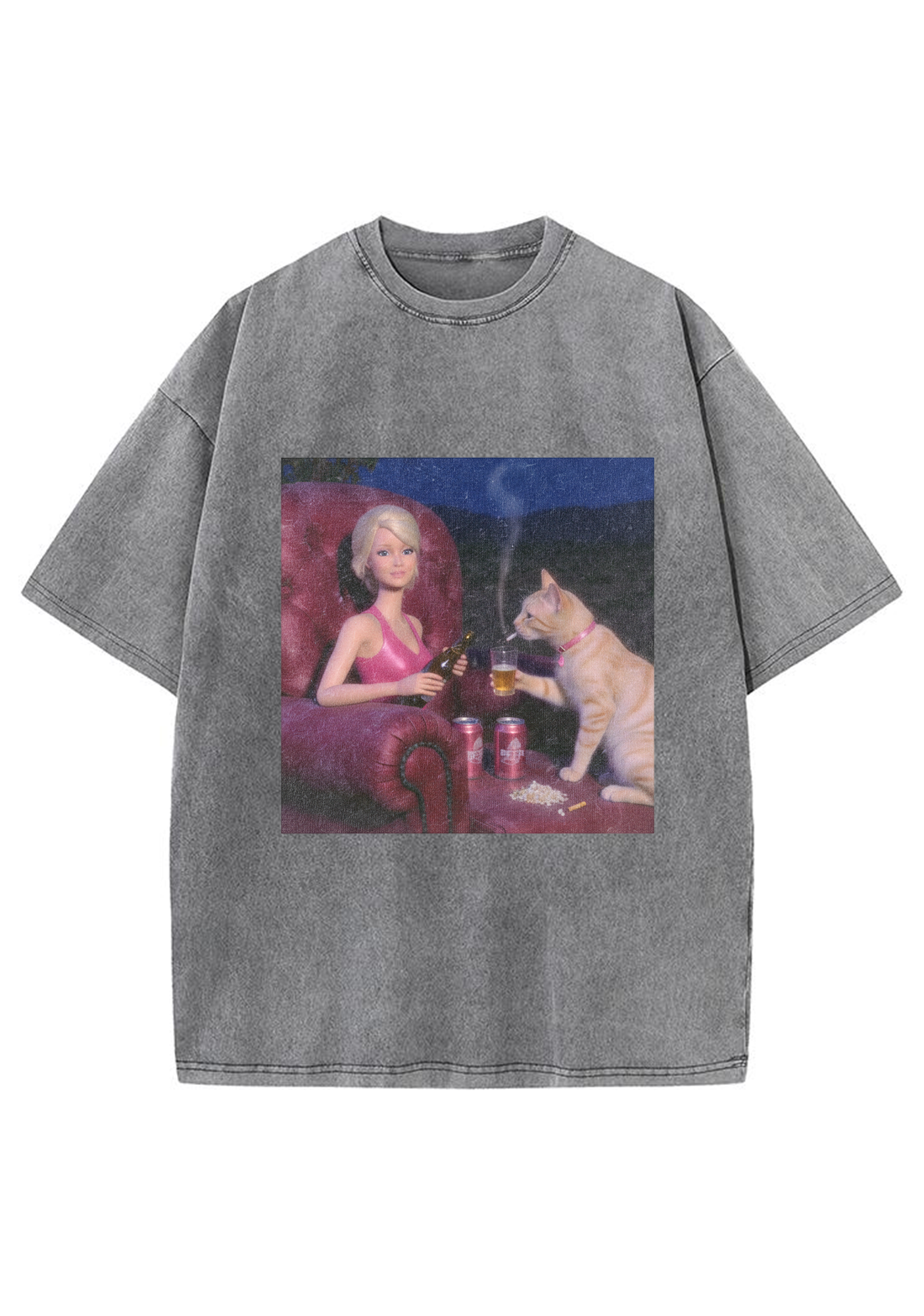 Bad Barbie and Her Cat Drinking Beer Washed T-Shirt