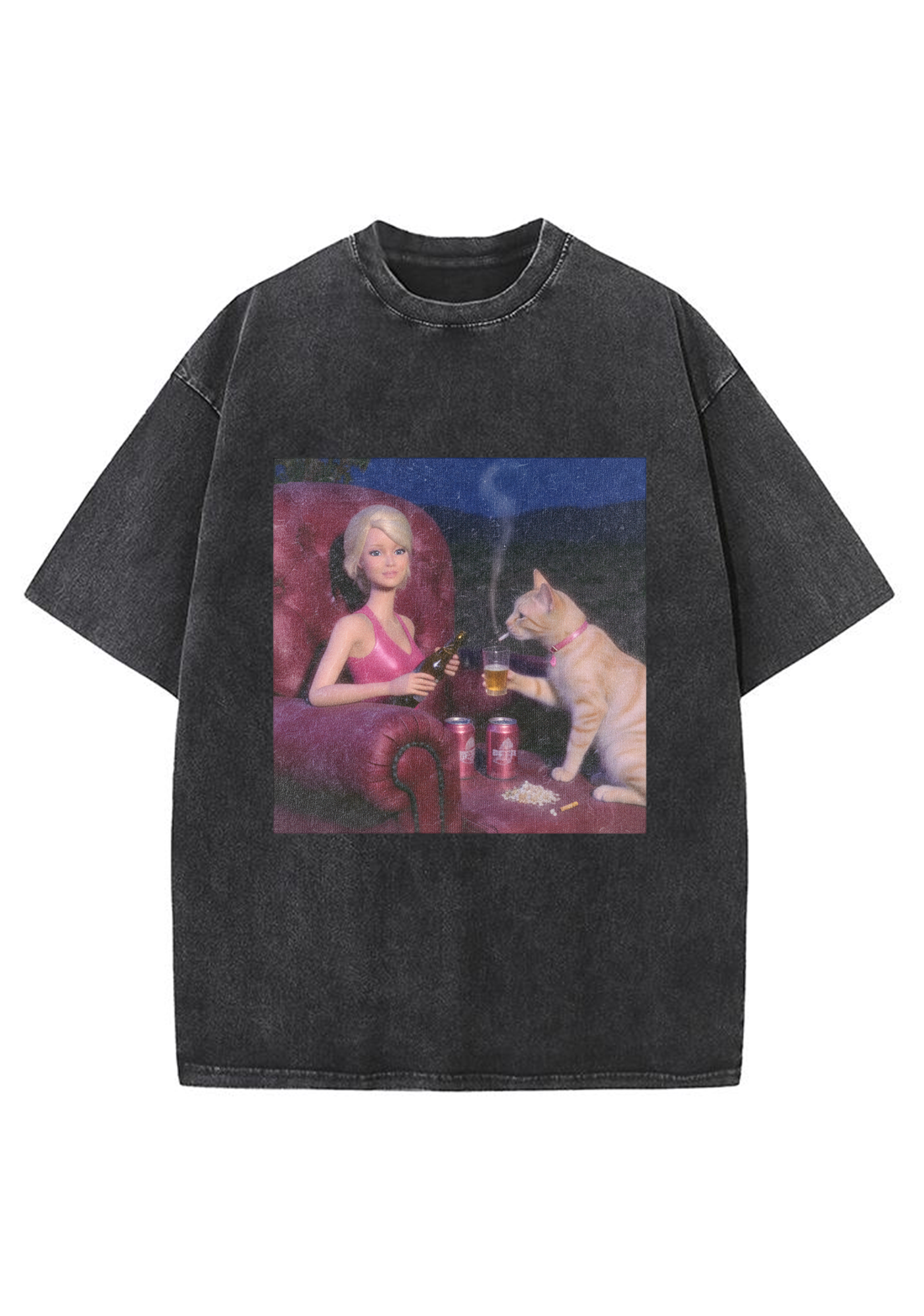 Bad Barbie and Her Cat Drinking Beer Washed T-Shirt