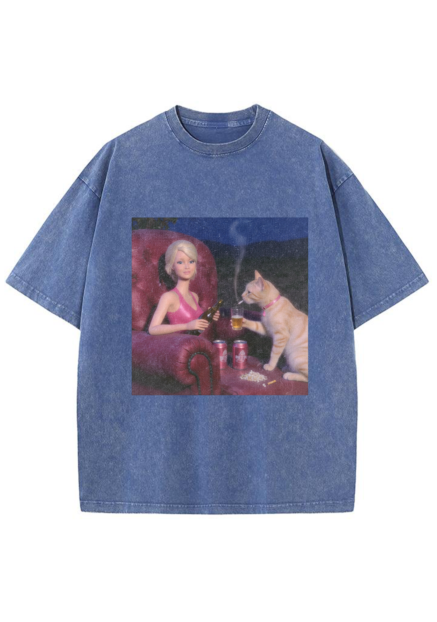 Bad Barbie and Her Cat Drinking Beer Washed T-Shirt