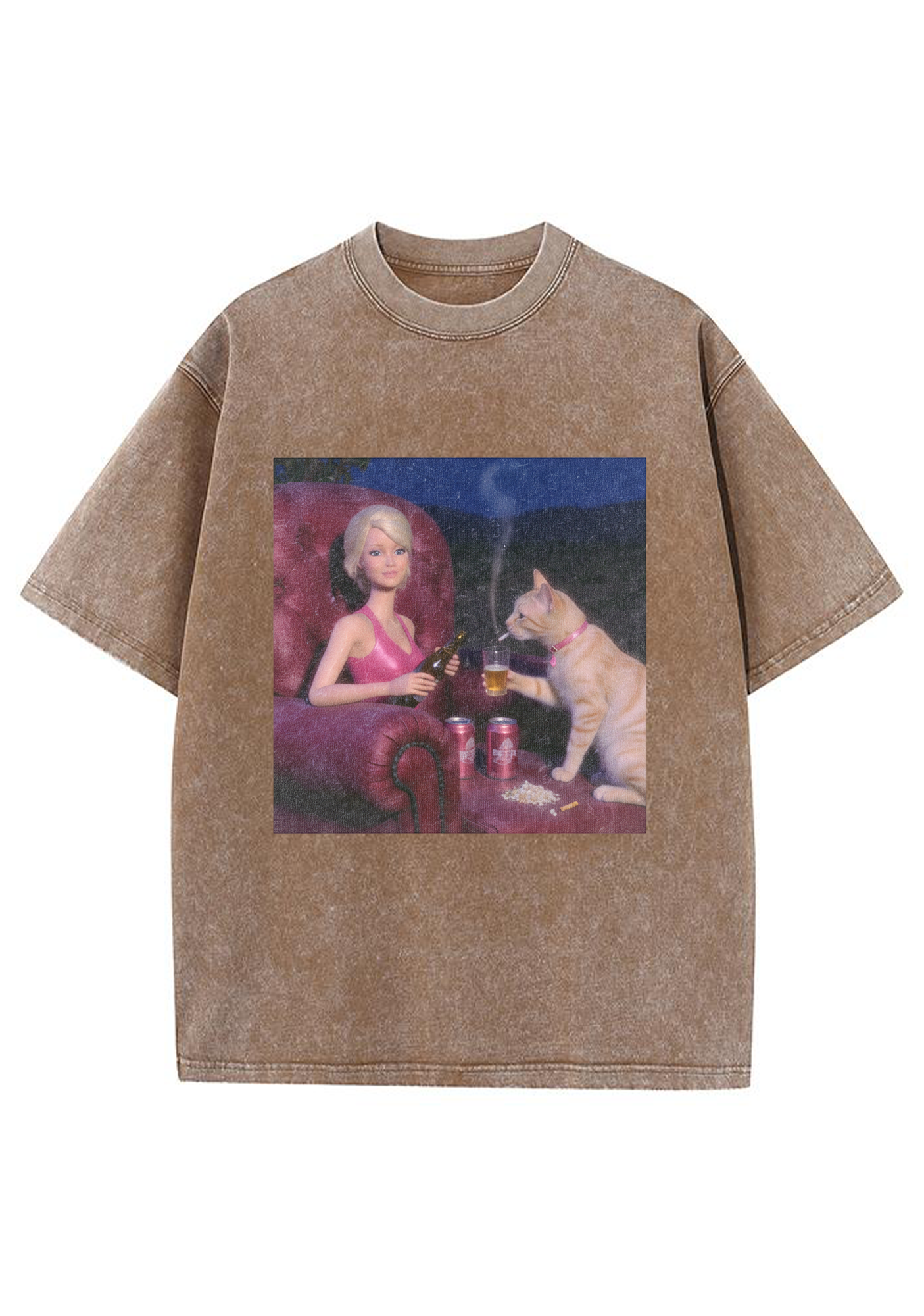 Bad Barbie and Her Cat Drinking Beer Washed T-Shirt