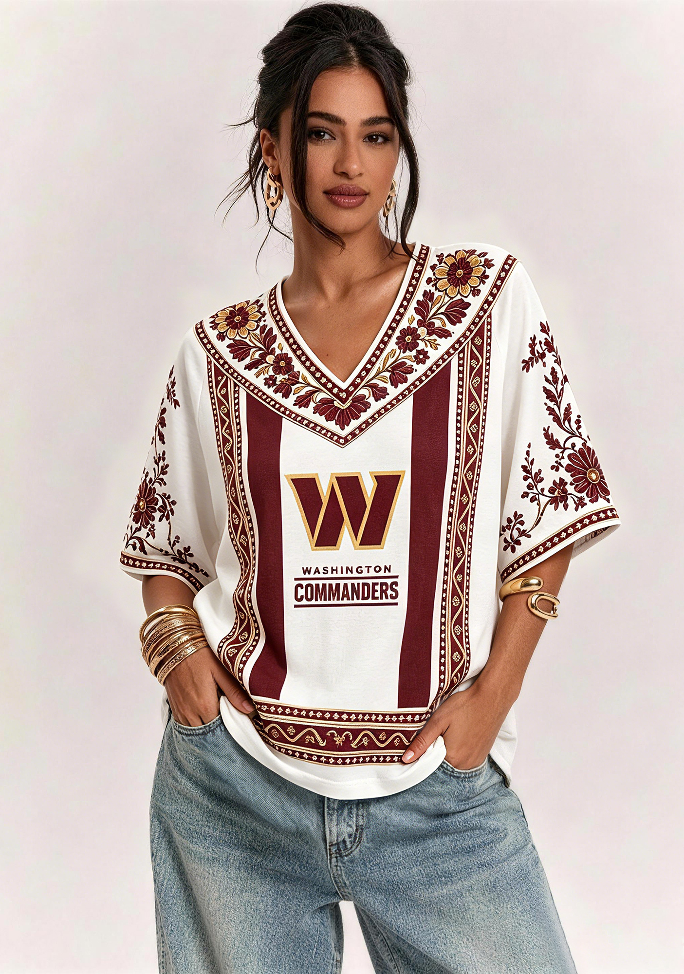 Boho Floral Washington Commanders V-Neck Blouse