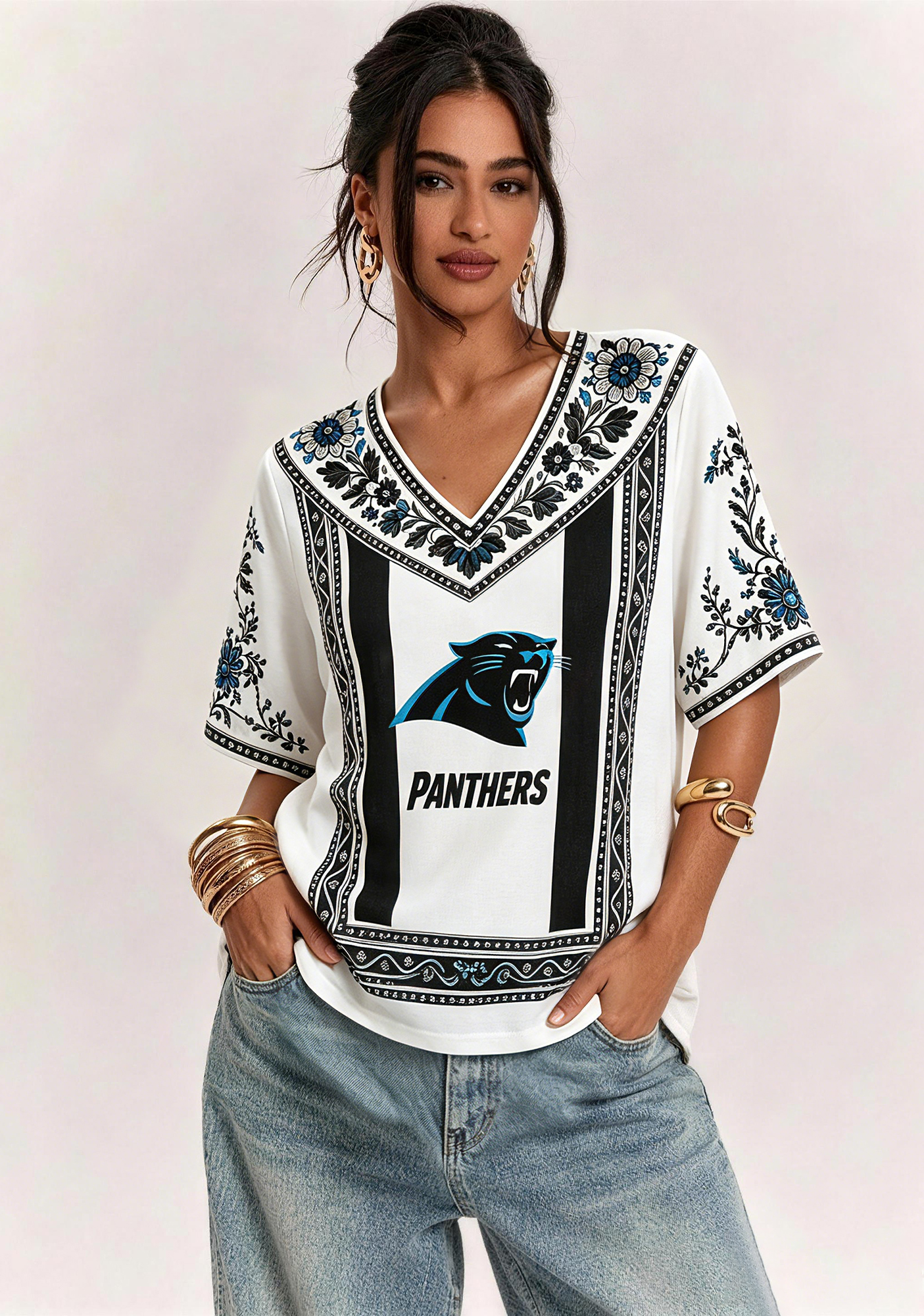 Boho Floral Carolina Panthers V-Neck Blouse