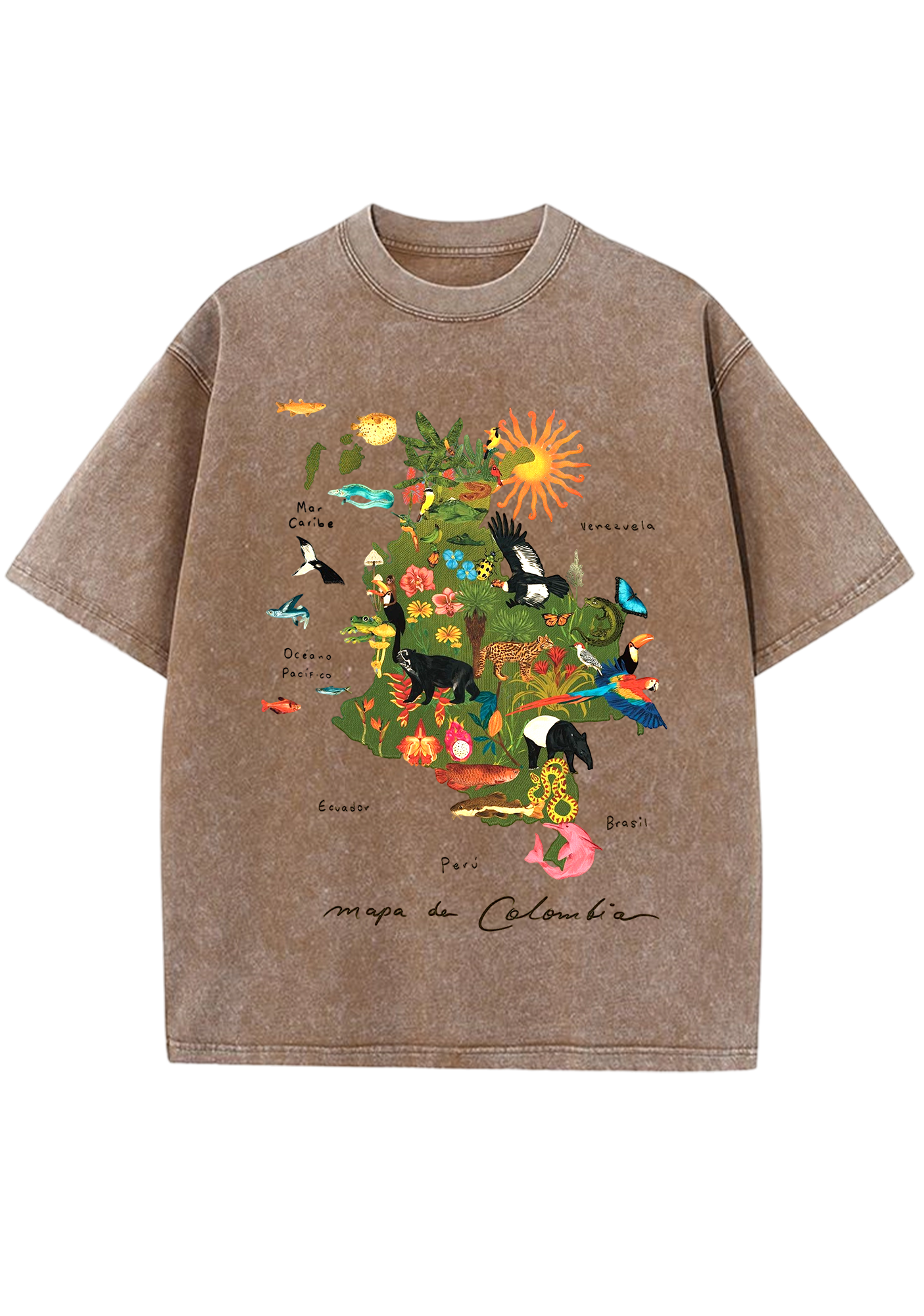 Mapa De Colombia Rainforest Wildlife Map Washed Tee