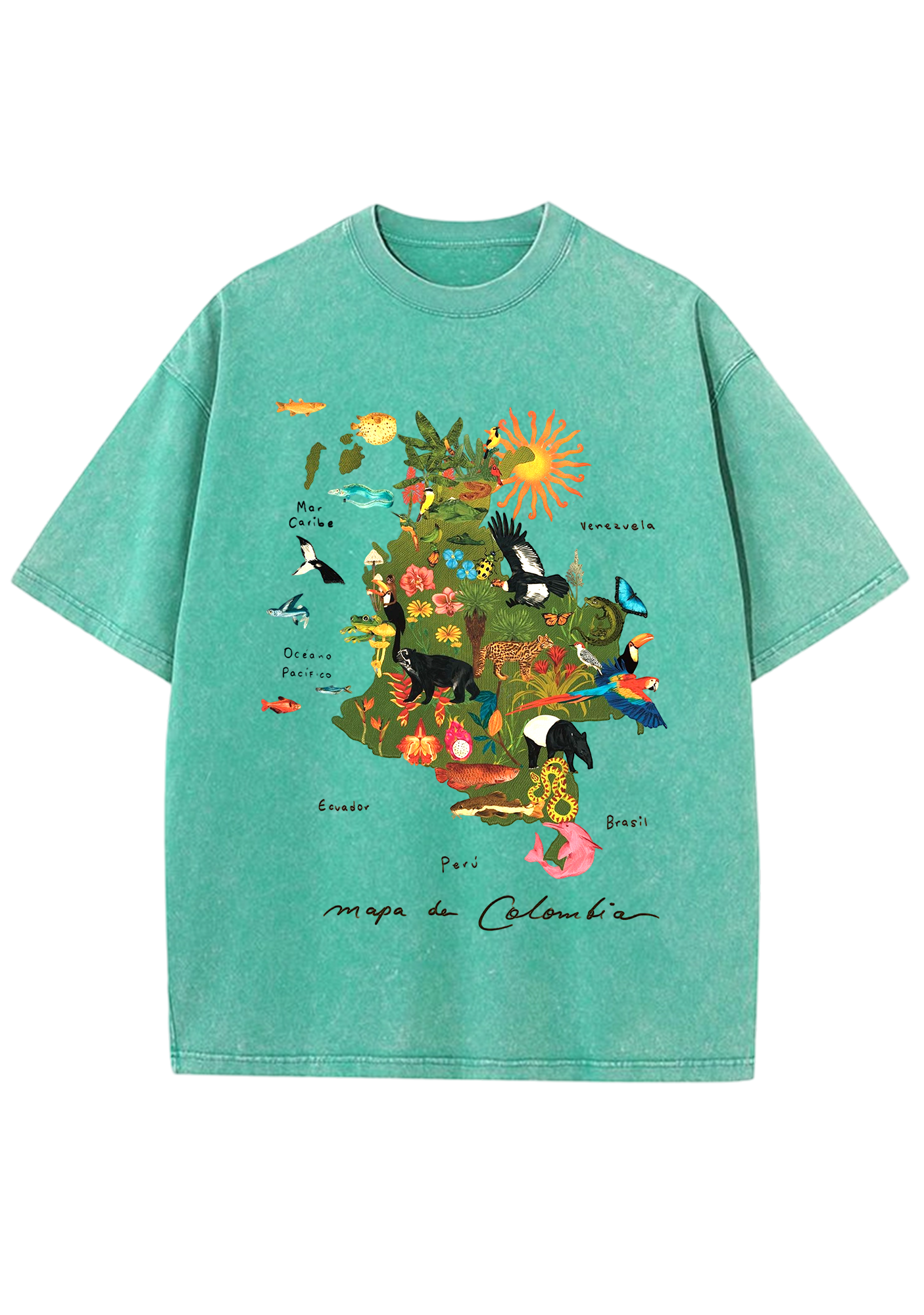 Mapa De Colombia Rainforest Wildlife Map Washed Tee
