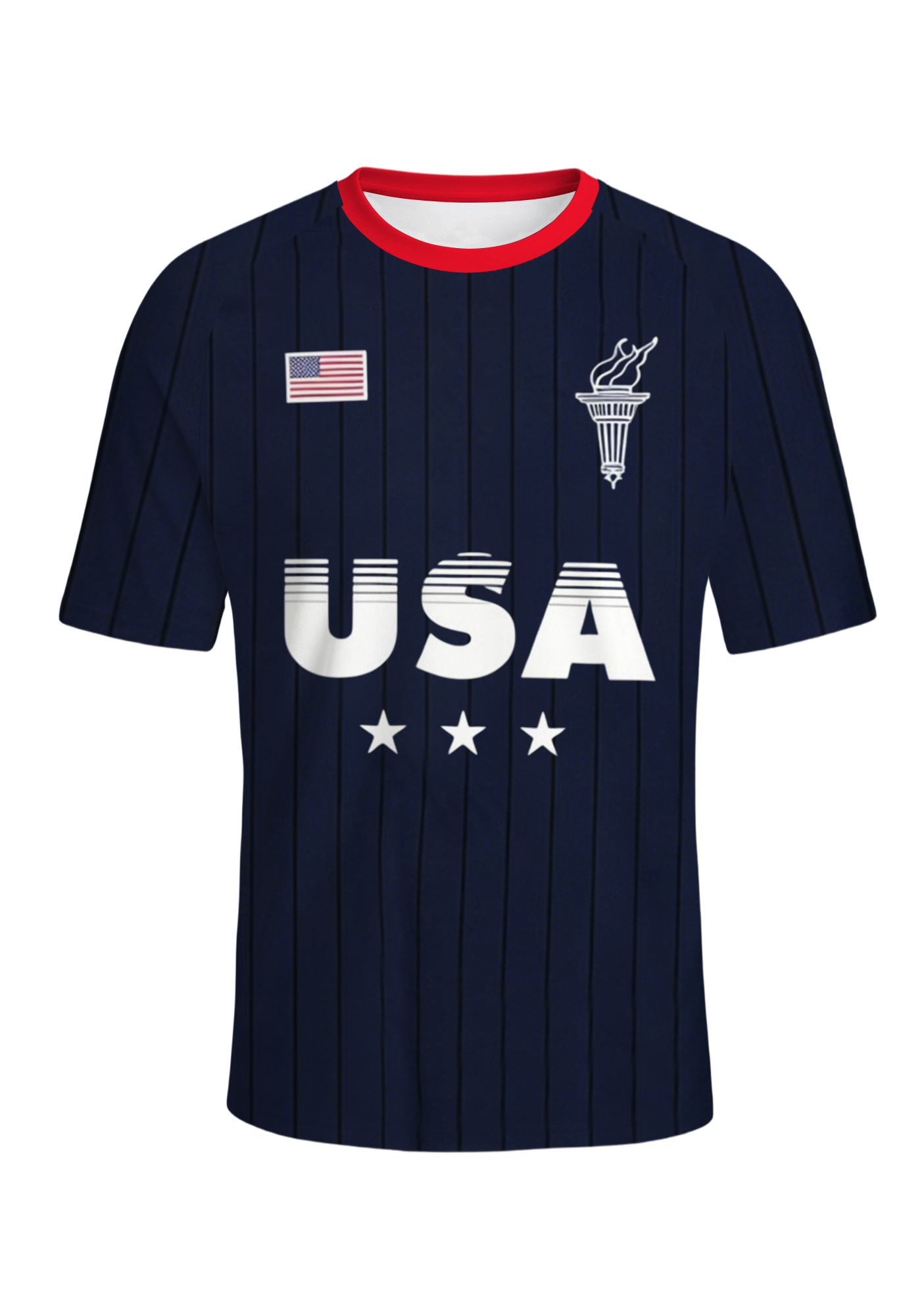 Men's Navy Vertical Pinstripe USA Letter Torch & American Flag Jersey Shirts