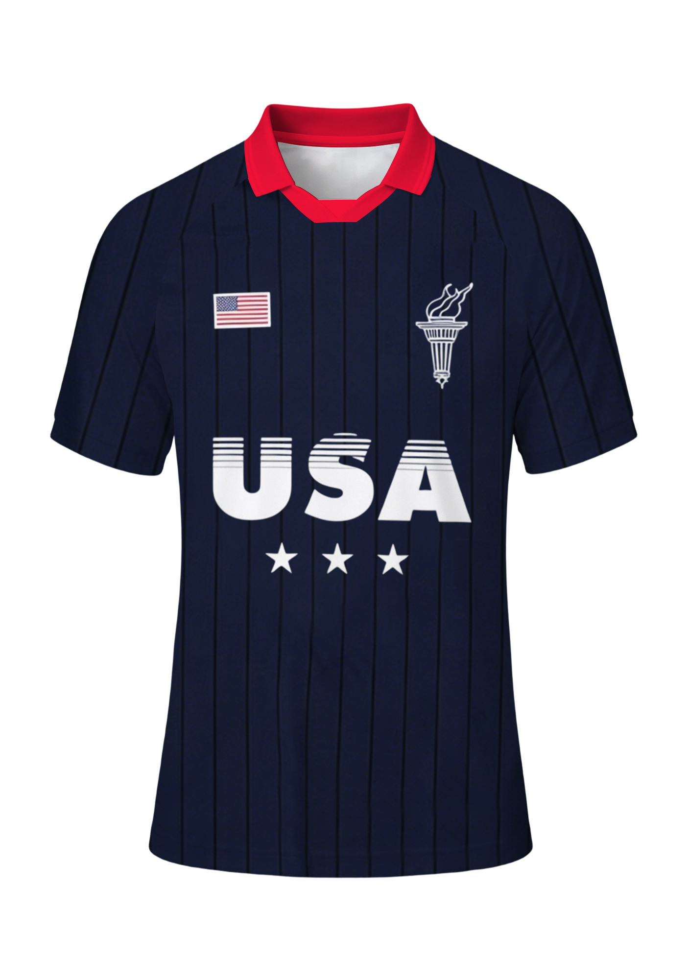 Men's Navy Pinstripe USA Graphic Torch & American Flag Jersey Shirts