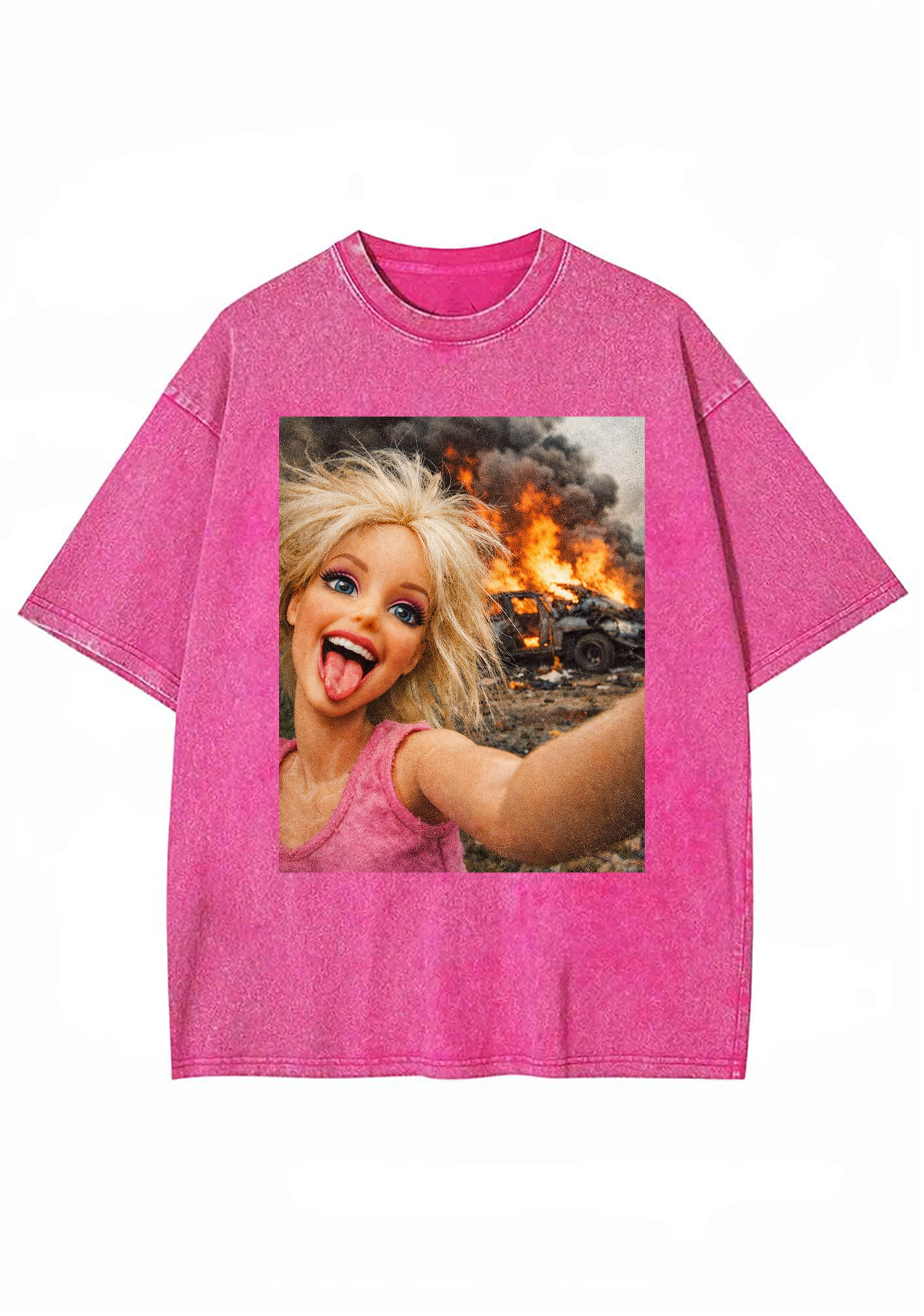 Chaotic Barbie Selfie With Burning Car Background Y2K Washed Tee