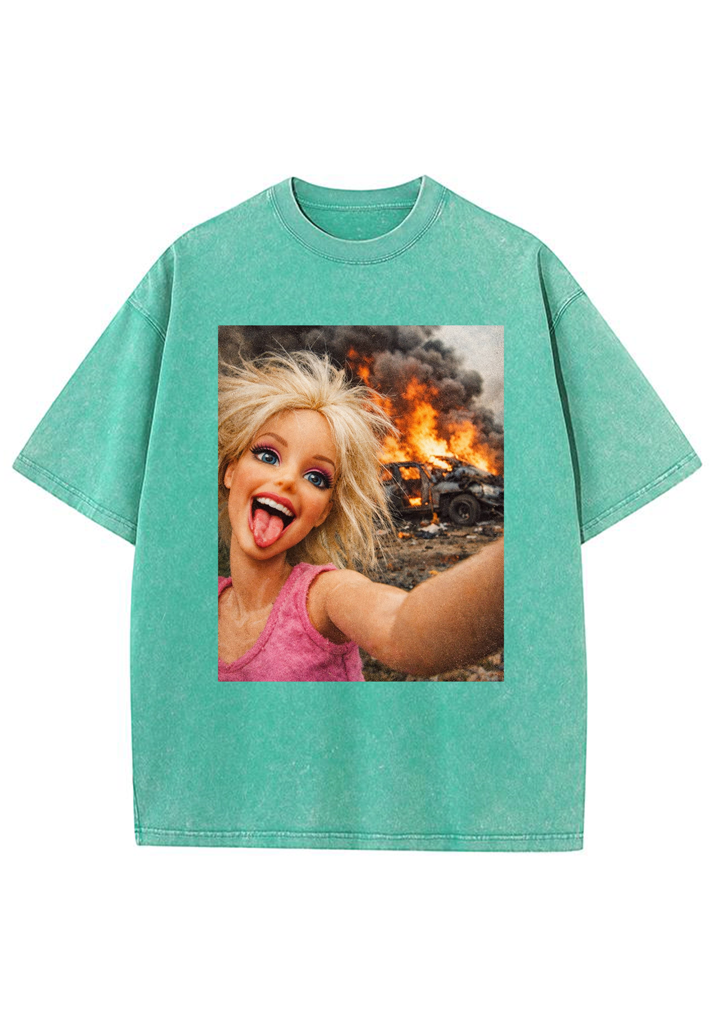 Chaotic Barbie Selfie With Burning Car Background Y2K Washed Tee
