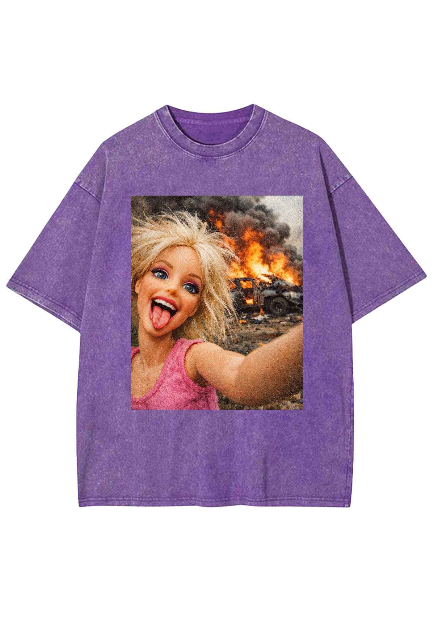 Chaotic Barbie Selfie With Burning Car Background Y2K Washed Tee