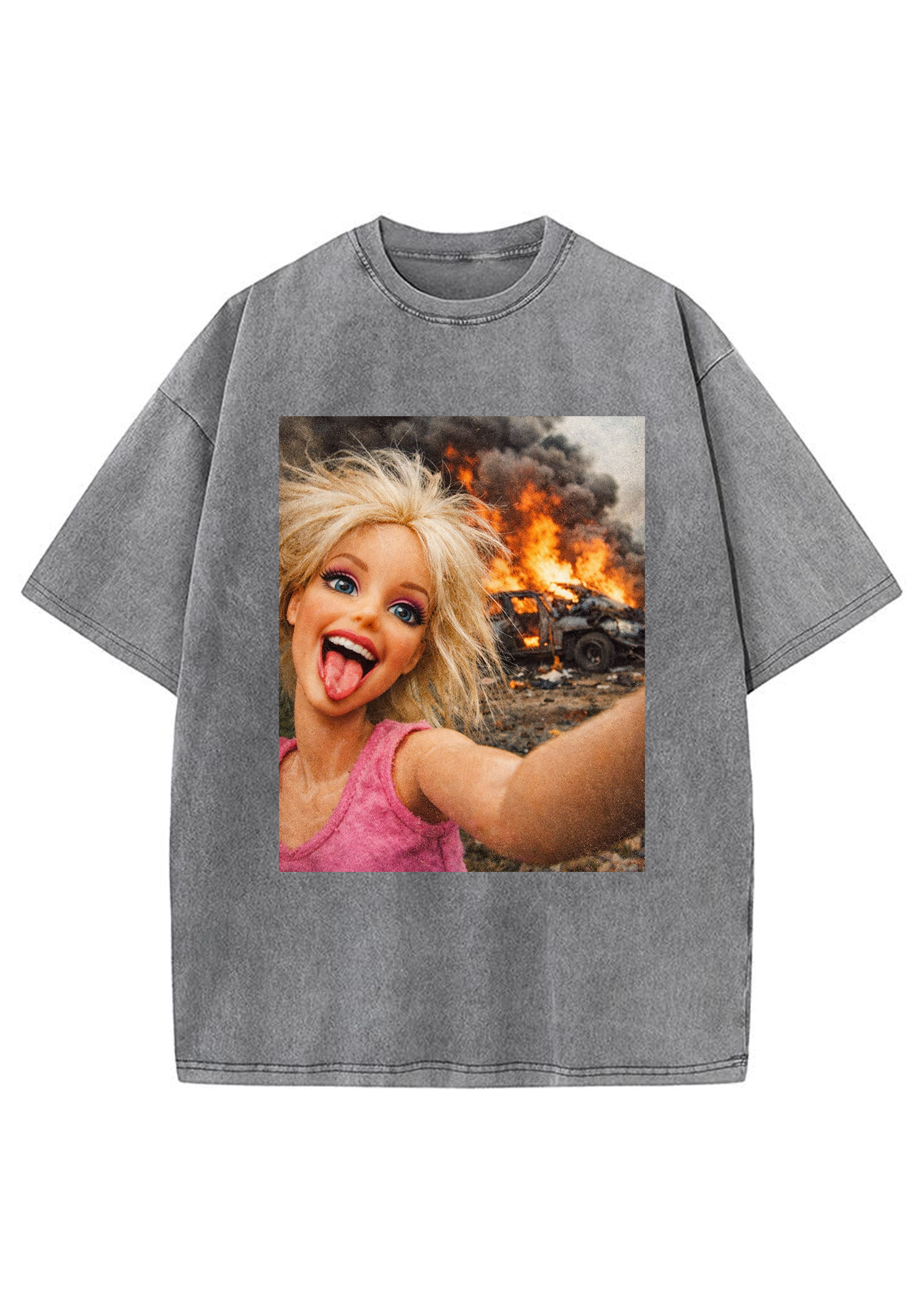 Chaotic Barbie Selfie With Burning Car Background Y2K Washed Tee