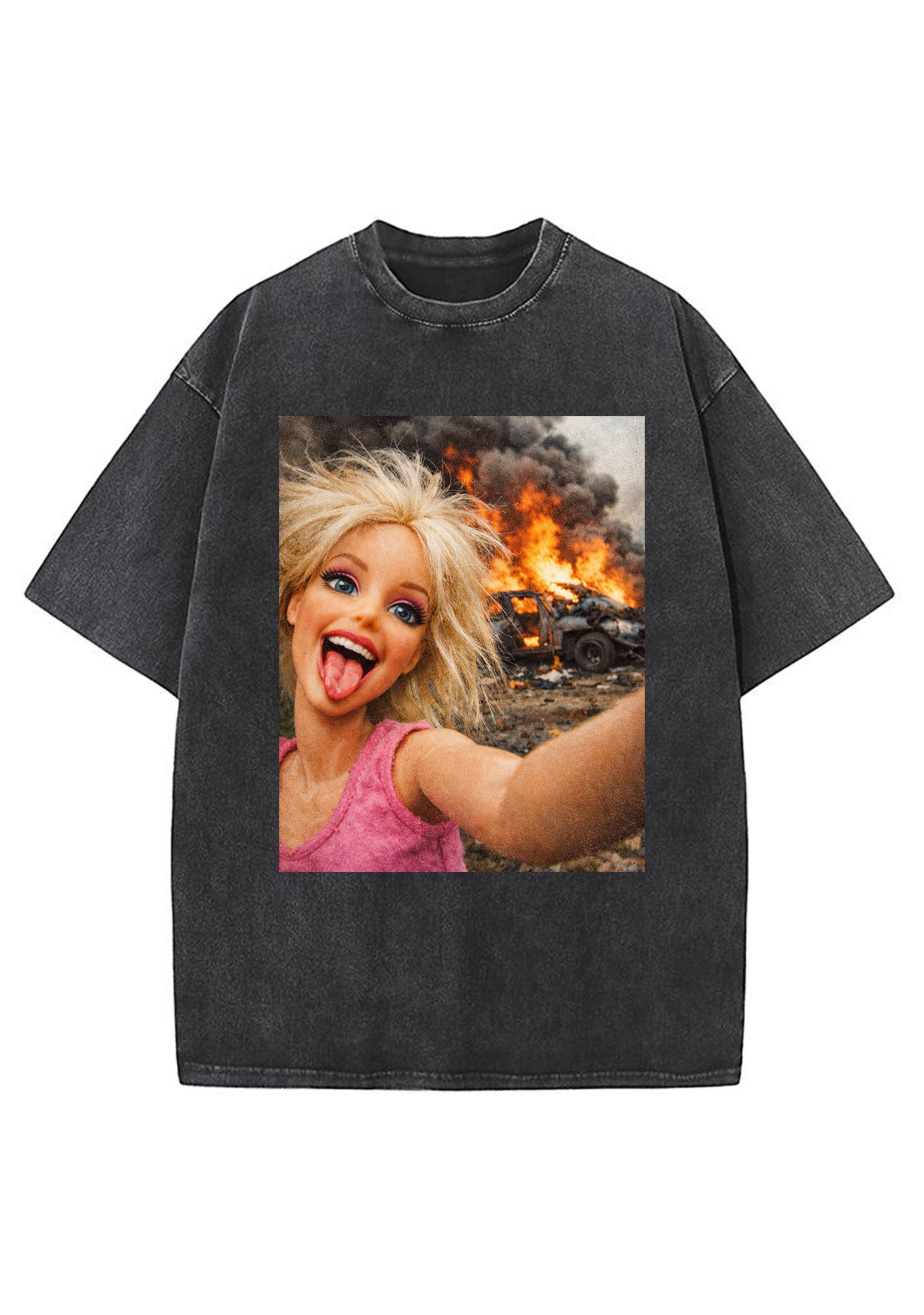 Chaotic Barbie Selfie With Burning Car Background Y2K Washed Tee