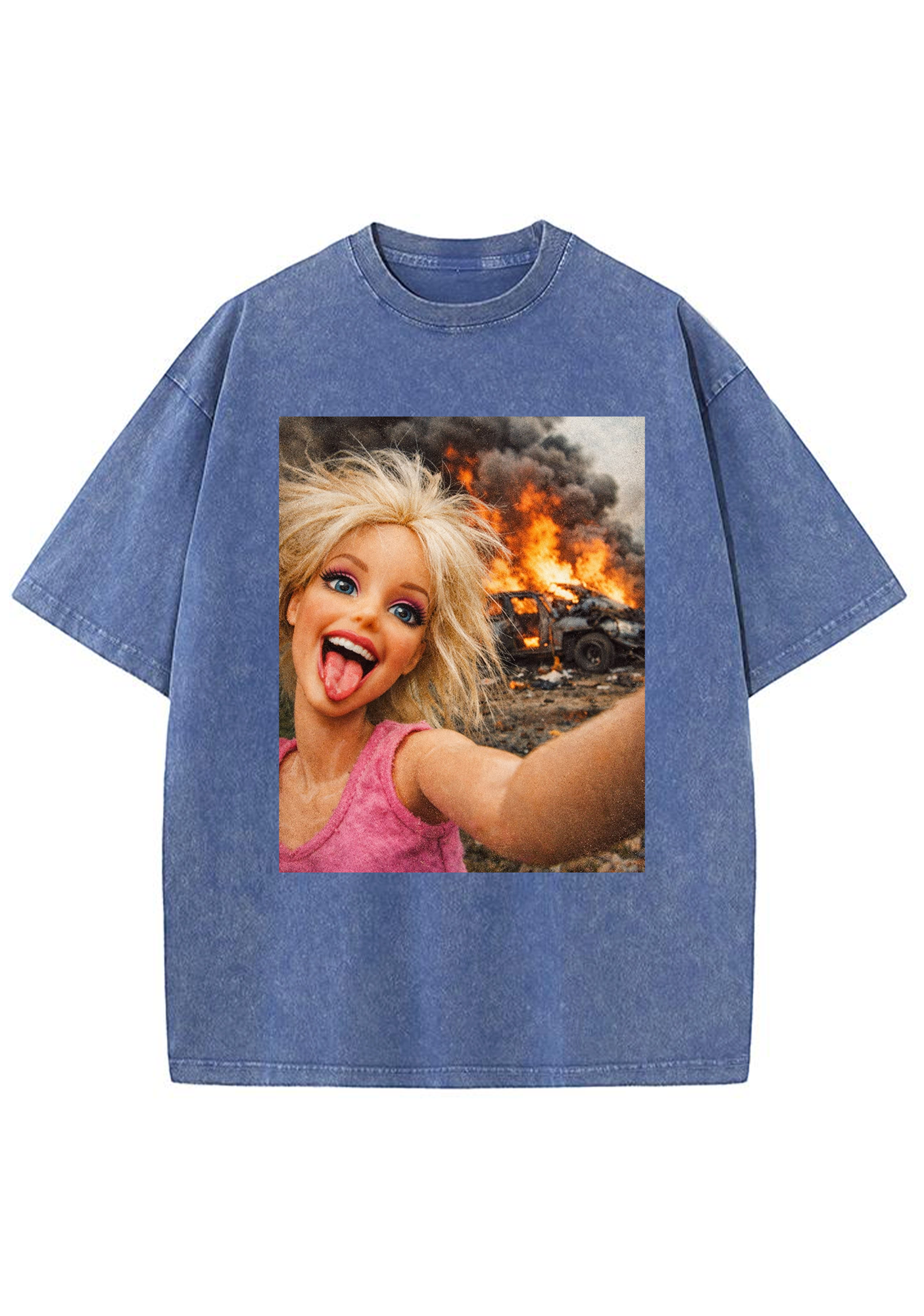 Chaotic Barbie Selfie With Burning Car Background Y2K Washed Tee