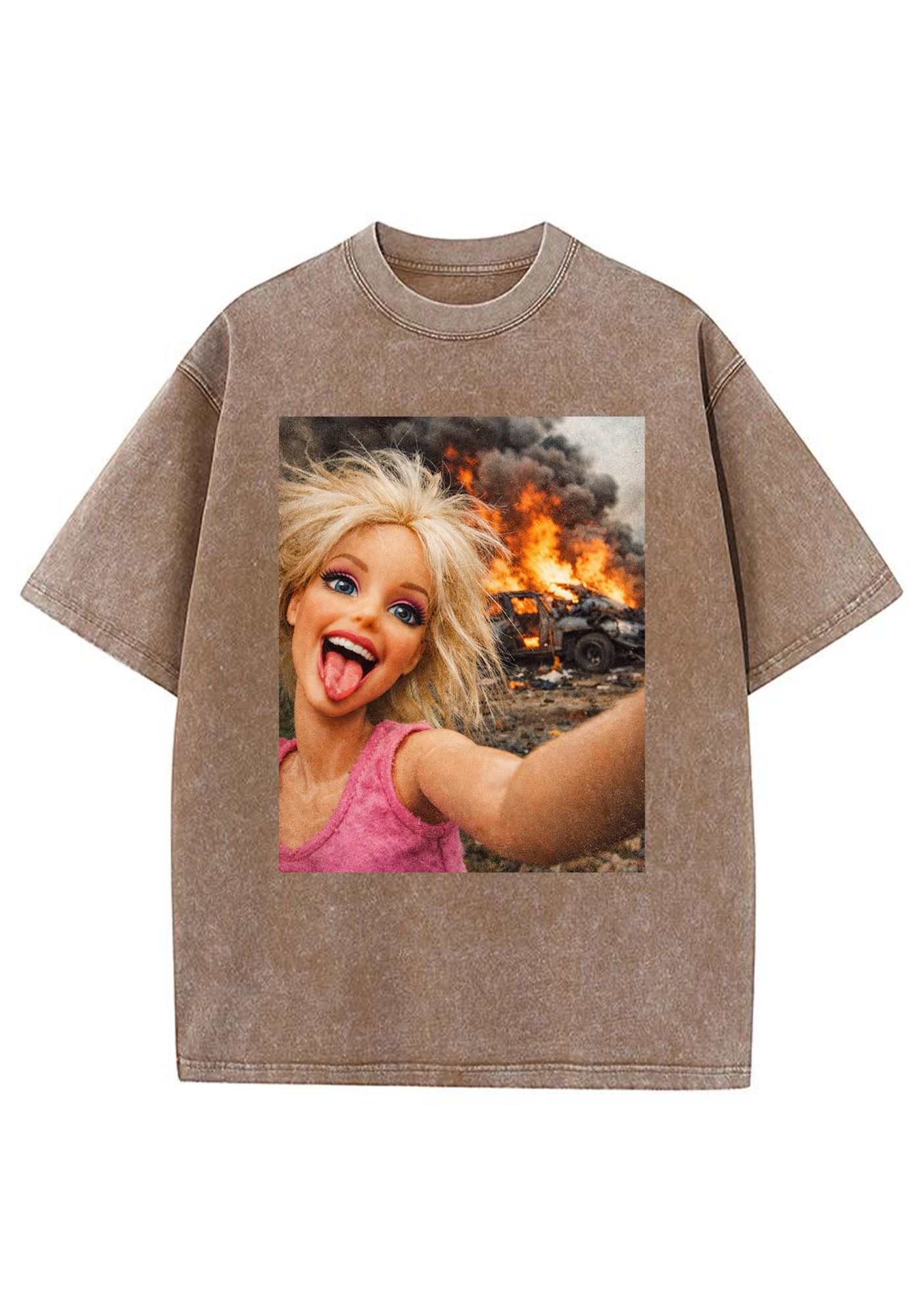 Chaotic Barbie Selfie With Burning Car Background Y2K Washed Tee